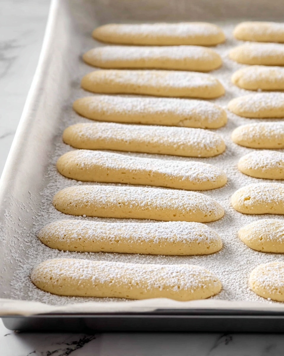 The image shows a baking tray lined with parchment paper on a white marbled surface, filled with evenly spaced, elongated dough strips arranged in rows. Each dough strip is light beige in color with a smooth texture, and they are lightly dusted with a fine layer of white powdered sugar, creating a soft, snowy effect over the dough and the parchment paper around them. The perspective is close up, focusing on the front rows of dough strips, with the tray's edge visible in the lower part of the image. The setting is bright and clean, highlighting the light tones of the dough and powdered sugar photo taken with an iphone --ar 4:5 --v 7