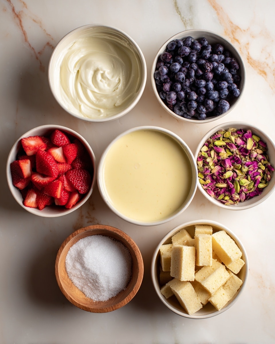 The image shows seven white bowls placed on a white marbled surface, each containing different ingredients for a dessert. In the center is a bowl of smooth, pale yellow custard with a slightly lumpy texture. Above the custard to the right is a small bowl of dark purple blueberries, while below it to the right are light green chopped pistachios beside a bowl with bright pink and red dried rose petals. To the left of the custard is a bowl filled with creamy white whipping cream, and below that is a bowl of red chopped strawberries. At the bottom right is a bowl stacked with golden brown and light yellow pound cake cubes, and at the bottom center is a small wooden bowl filled with white sugar. Photo taken with an iphone --ar 4:5 --v 7