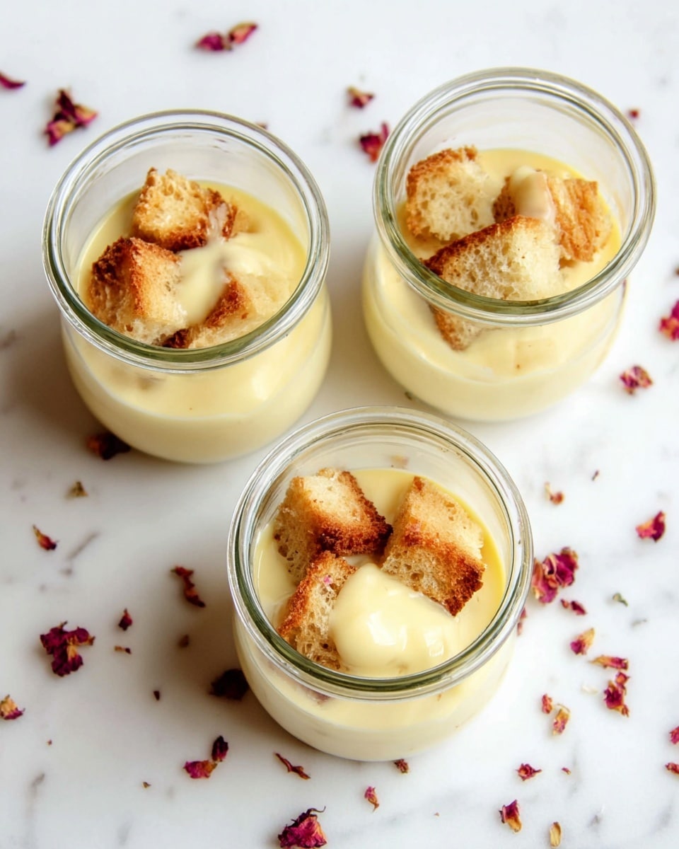 Three clear glass jars sit on a white marbled surface with scattered small dried red flower petals around them. Each jar has two layers: the bottom layer consists of light brown bread cubes, and on top is a thick, creamy pale yellow custard or sauce that covers the bread partially. The jars are evenly spaced in a triangle shape, and the overall look is simple and clean. photo taken with an iphone --ar 4:5 --v 7