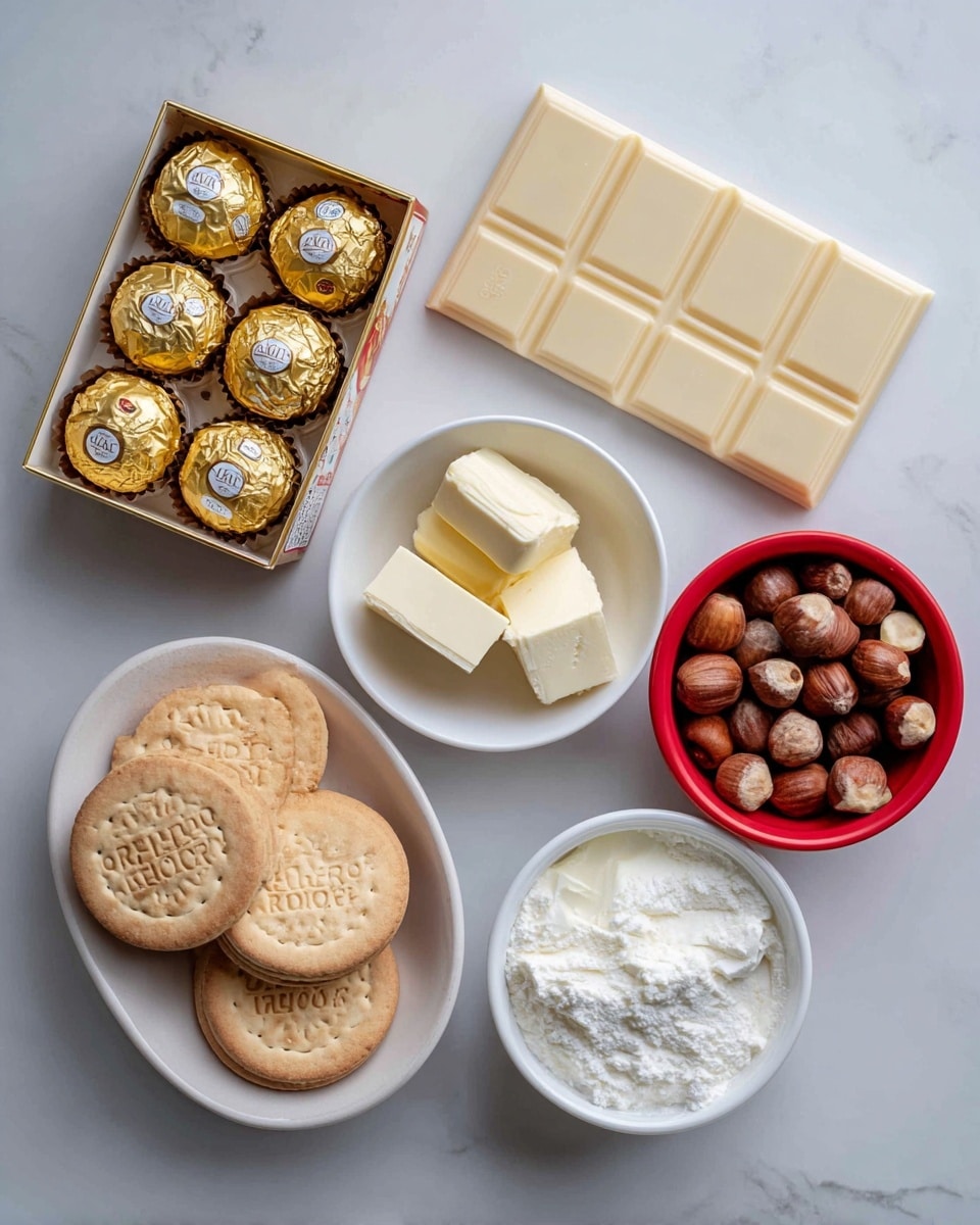 The image shows several ingredients neatly arranged on a white marbled surface. On the left, there is an open box of gold-wrapped Ferrero Rocher chocolates with a shiny golden cover inside, next to three round digestive biscuits that are light brown with stamped text on top. To the right of the biscuits, a white bowl holds three small square pieces of pale yellow butter. Above the butter, a large bar of milk chocolate with rectangular segments is placed horizontally. Next to the chocolate, a rectangular white container is filled with creamy white cream cheese. To the right of the cream cheese is a small red bowl filled with whole hazelnuts, and below it is an open small white round container with double (heavy) cream inside. Finally, at the top right corner, there is a larger white bowl filled with fine white icing sugar. All items are clearly separated and labeled with black text boxes. photo taken with an iphone --ar 4:5 --v 7