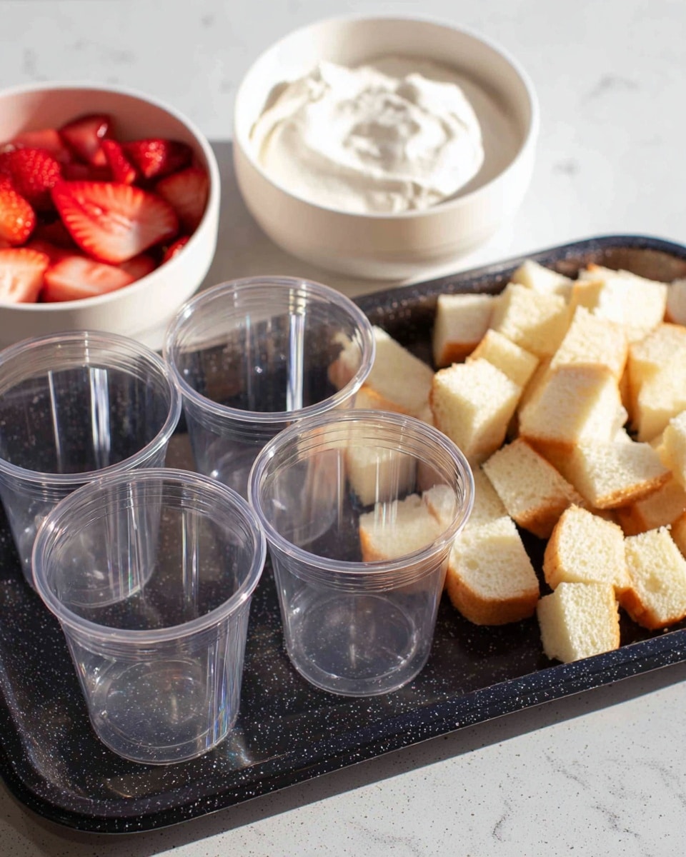 The image shows four clear plastic cups placed on the left side of a dark speckled tray, with a pile of light yellow cake cubes with some brown edges on the right side of the tray. In the background, there are two white bowls on a white marbled surface; one bowl contains red sliced strawberries, and the other is filled with a thick white cream. Photo taken with an iphone --ar 4:5 --v 7