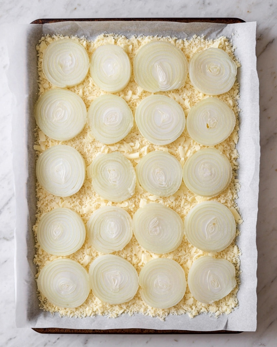 The image shows a white round plate on a white marbled surface, filled with crispy golden brown cheese crisps topped with round, cooked onion slices arranged in a circular pattern. The crisps have an uneven, slightly crispy texture with some browned edges. In the center of the plate is a small white bowl filled with a creamy white dipping sauce, sprinkled with small green herbs. There is a blue cloth partially visible to the left side and small green herbs scattered near the lower right corner. Photo taken with an iphone --ar 4:5 --v 7
