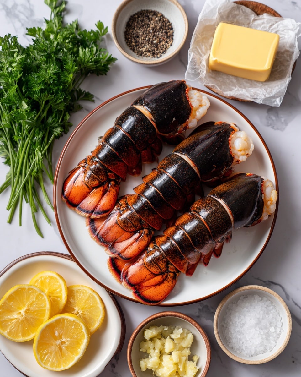 The image shows a top view of several lobster tails stacked in the center of a white plate with a brown rim, their shells dark red and orange with a glossy texture, white lobster meat slightly visible at the ends. Around the plate, from top left to bottom right, are fresh green parsley leaves, a small white bowl with black pepper, a small brown bowl with coarse kosher salt, a block of yellow butter partially wrapped in white paper, and a small white bowl filled with minced garlic. At the bottom left is a smaller white plate with a brown rim holding several bright yellow lemon wedges arranged in a fan shape, all set on a white marbled surface. photo taken with an iphone --ar 4:5 --v 7