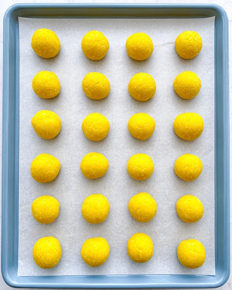 The image shows a light blue baking tray with 20 small bright yellow dough balls neatly arranged in 4 rows and 5 columns on top of a white parchment paper. Each dough ball is round and smooth with a slightly textured surface, evenly spaced apart. The background is a white marbled texture. photo taken with an iphone --ar 4:5 --v 7