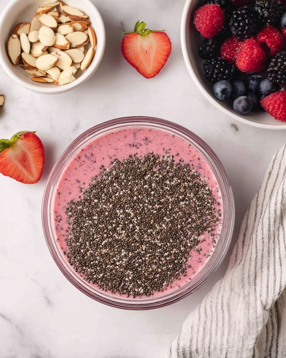 A clear glass bowl sits on a white marbled surface, filled with a pink creamy layer topped evenly with a thick layer of small, dark chia seeds covering most of the surface. Near the bowl, a white bowl holds sliced almonds, showing creamy beige and light brown colors. In the upper right corner, another white bowl is filled with mixed berries including blackberries, blueberries, raspberries, and strawberries, displaying deep purple, blue, red, and bright red colors. Two halved strawberries with visible seeds and green tops are placed to the left on the white marbled texture. A soft striped cloth in white and gray lies beside the glass bowl on the right. photo taken with an iphone --ar 4:5 --v 7