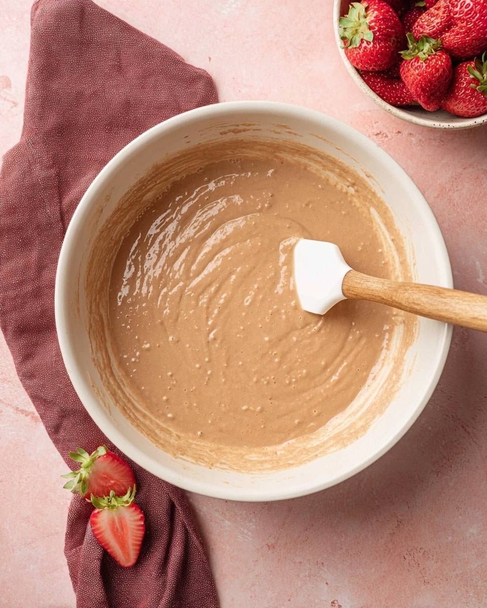 A white bowl filled with smooth, light brown batter with some small lumps, a white spatula with a wooden handle resting inside the bowl with batter on its edge. The bowl is placed on a soft pink surface, with a folded dark red cloth partly under the bowl. At the top right, there is a white bowl full of fresh red strawberries and two strawberry halves laying on the pink surface near it. Photo taken with an iphone --ar 4:5 --v 7