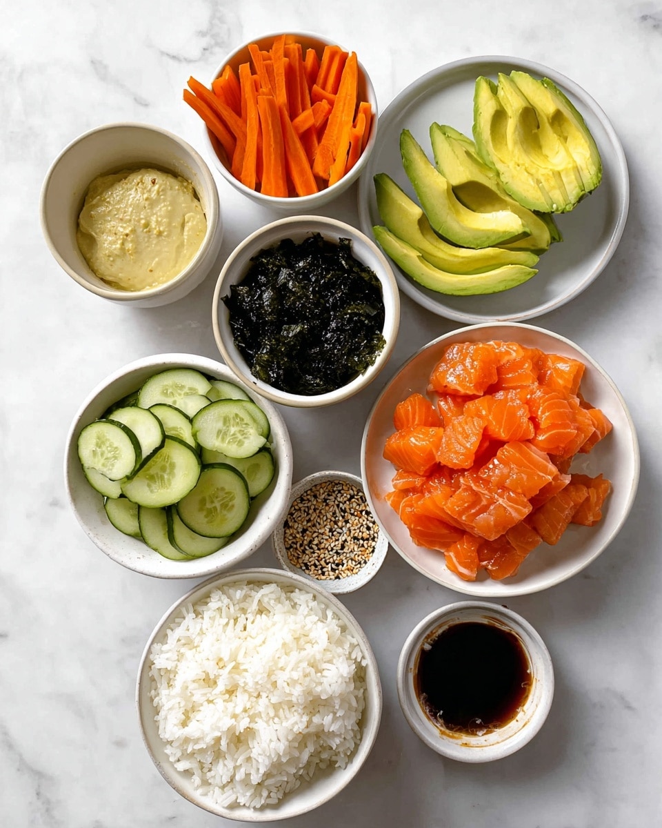 The image shows seven white bowls arranged on a white marbled surface. The largest bowl at the bottom contains a layer of white rice with a soft, fluffy texture. Above it and slightly to the right is a bowl filled with raw salmon pieces, bright orange with white marbling. To the left of the salmon bowl, a smaller bowl holds creamy, light brown sauce. Above that, another bowl contains thin carrot sticks in bright orange and sliced cucumbers with a fresh green color, arranged side by side. To the right of the vegetable bowl, a plate displays fanned slices of avocado in light green and yellow shades. Above the avocado, there are two smaller bowls, one filled with dark green seaweed sheets, and the other with a speckled mix of black seaweed and white sesame seeds. Below the avocado plate, two small bowls hold sauces: one darker, soy-like with visible small bits, and one lighter brown, both shiny and smooth. photo taken with an iphone --ar 4:5 --v 7