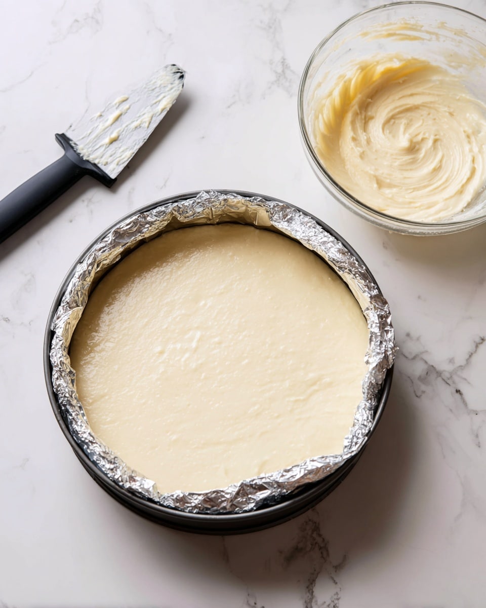 A round baking pan lined with crinkled foil holds a smooth, thick, pale yellow batter spread evenly inside. To the left on the white marbled surface lies a small spatula with a black handle and some batter on its blade. On the upper right, there is a clear glass bowl with some leftover batter inside, showing pale yellow creamy texture and light brushing marks on the sides. The whole scene is set on a white marbled surface. photo taken with an iphone --ar 4:5 --v 7