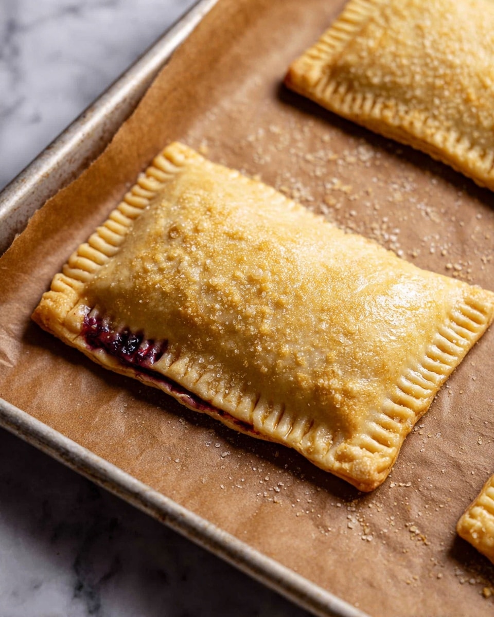 The image shows a golden-baked rectangular pastry with crimped edges on a sheet of brown parchment paper. The pastry's top layer is smooth, slightly glossy, and sprinkled with coarse sugar grains that add texture. There is a thin layer of purple filling slightly oozing out from one edge near the top left, hinting at fruit inside. The pastry is on a metal baking tray. The background has a white marbled texture. photo taken with an iphone --ar 4:5 --v 7