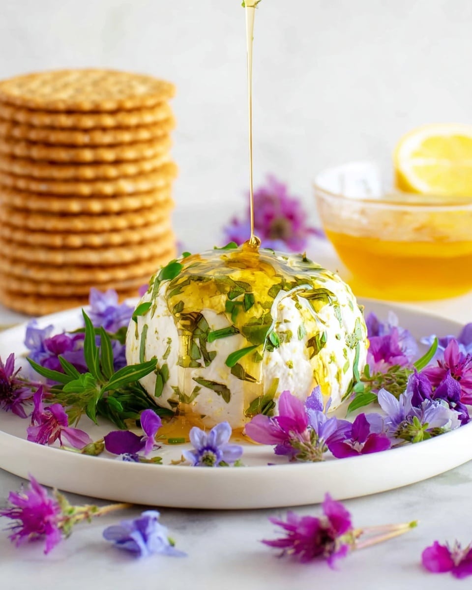 A white round cheese ball sits in the center of a white plate with a white marbled background. The cheese ball is covered with green herbs and bright purple flowers, some whole and some petals scattered around it on the plate. A golden honey stream is flowing down onto the top of the cheese ball from above, dripping and pooling slightly. Behind the plate, stacked golden brown round crackers appear to the left, while a small clear glass bowl filled with golden honey and a lemon wedge sit to the right. The scene is bright and fresh, with soft natural light. photo taken with an iphone --ar 4:5 --v 7