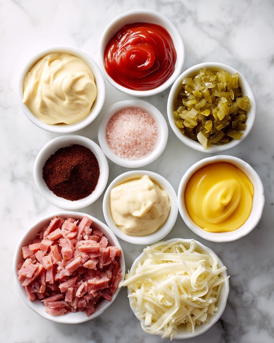 The image shows ten small white bowls arranged on a white marbled surface, each filled with a different ingredient. Starting from the top left and moving clockwise, the first bowl contains creamy, pale yellow mayonnaise, the second has smooth, bright red ketchup, and the third holds a small amount of dark red paprika powder. Next is a bowl of chopped green sweet pickle relish, followed by a bowl with pink salt, then a bowl with a light beige horseradish paste. Below that, a bowl of bright yellow melted butter is visible, next to a bowl filled with finely chopped pink deli corned beef. Below the corned beef is a white bowl with shredded Swiss cheese, then a bowl with pale, shredded sauerkraut, and finally a bowl filled with dark brown rye bread cubes. Each ingredient is clearly separated in its own bowl. Photo taken with an iphone --ar 4:5 --v 7