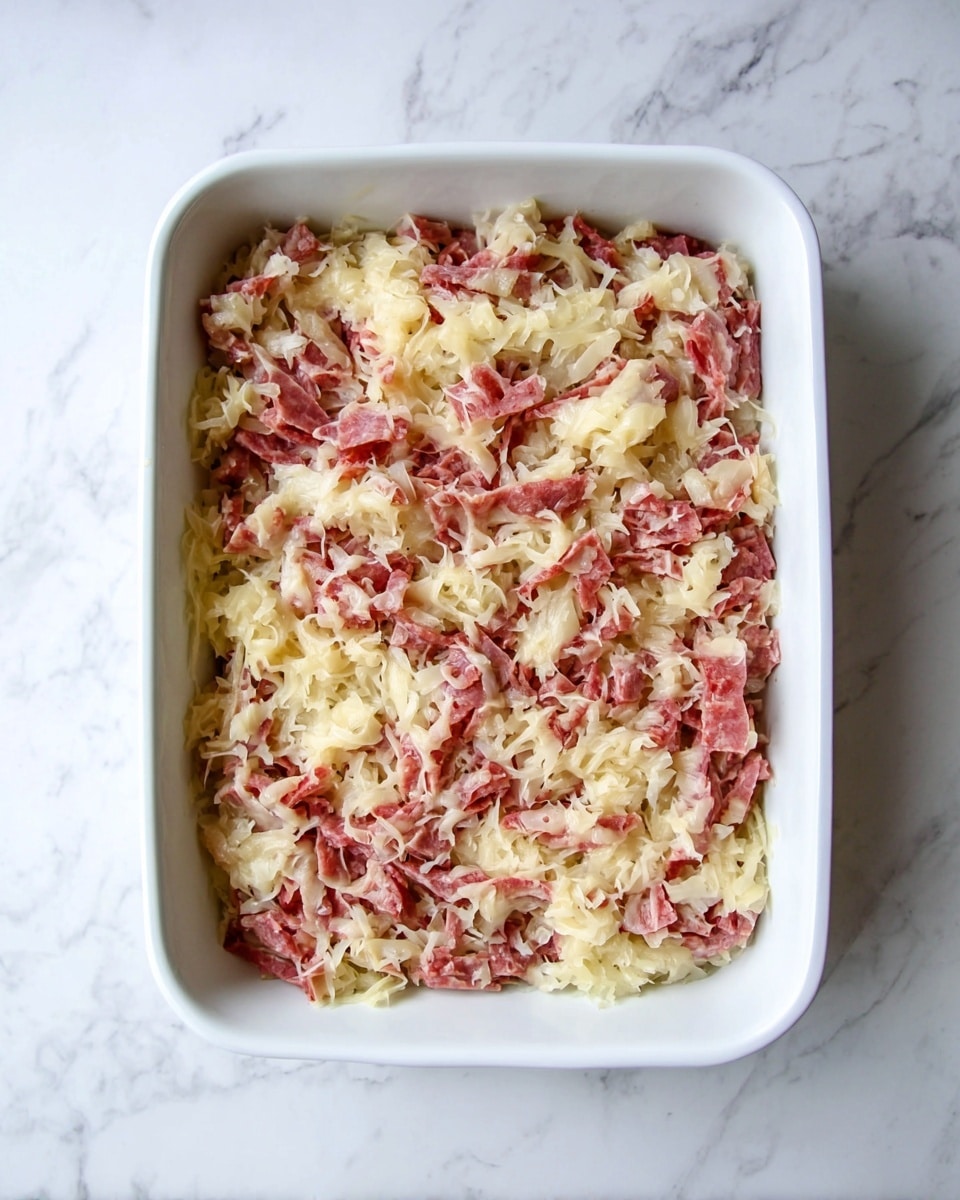 A white rectangular baking dish filled with one visible layer of chopped pinkish-red meat that looks thin and folded, topped with a scattered layer of light yellow, shredded shredded cabbage or sauerkraut. The dish is set on a white marbled surface, and the lighting is bright and natural, showing clear textures of the meat and shredded topping. photo taken with an iphone --ar 4:5 --v 7