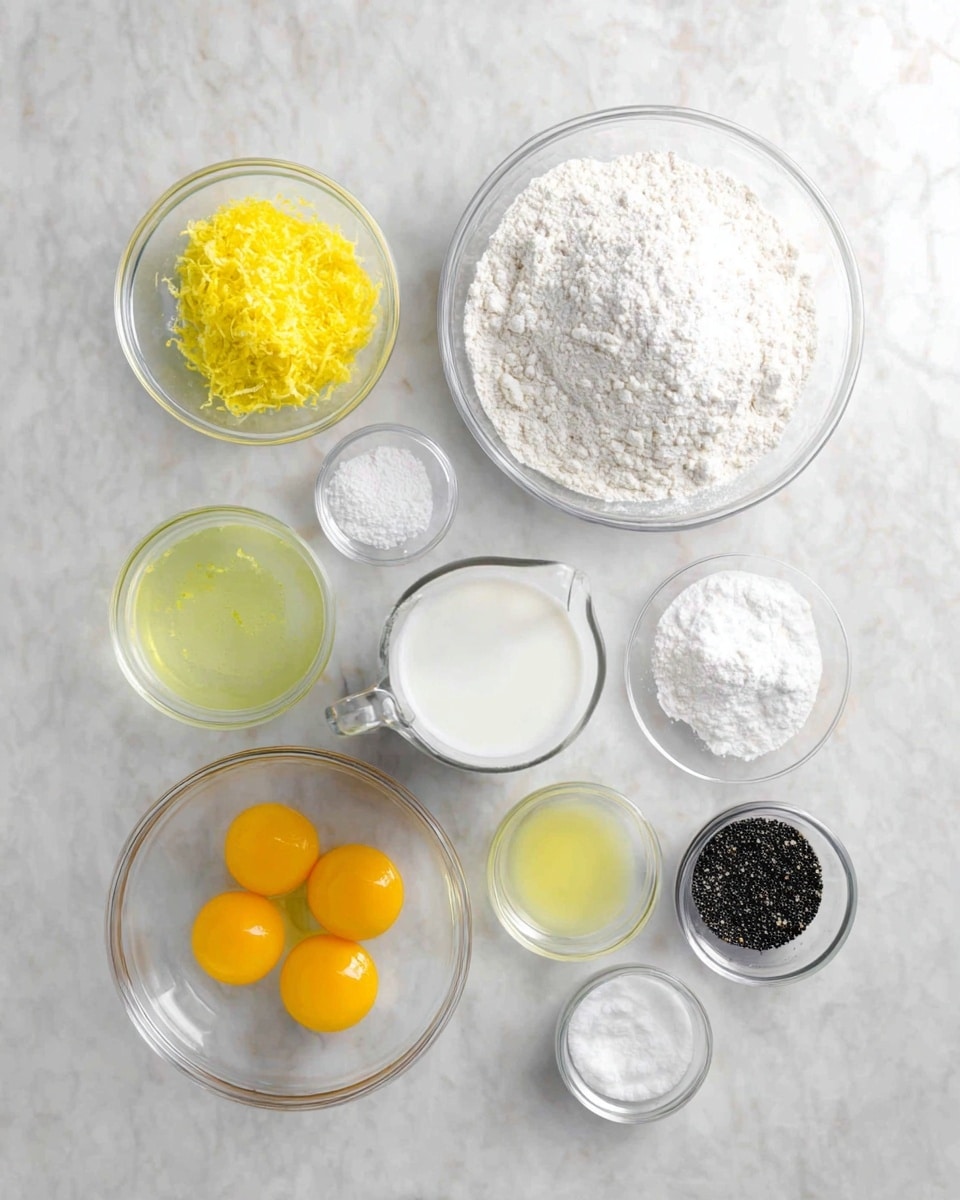The image shows a flat lay of several clear glass bowls with different baking ingredients arranged neatly on a white marbled surface. At the top right is a large bowl filled with white flour that has a slightly rough texture. To the left of this bowl, there is a small bowl with bright yellow lemon zest, finely shredded. Below the lemon zest is another small bowl containing fine white salt. To the lower left is a medium bowl holding three whole cracked eggs with vivid yellow yolks sitting in transparent egg whites. Above the eggs is a small bowl with light green lemon juice. Below the eggs is a medium measuring jug filled with foamy white milk. Next to the milk are two small bowls, one with white baking powder and the other with a light yellow liquid, possibly vegetable oil. Along the bottom edge, there are two small bowls, one containing white baking soda powder and the other filled with black poppy seeds. All the bowls are clear glass and sit on a clean white marbled texture. Photo taken with an iphone --ar 4:5 --v 7