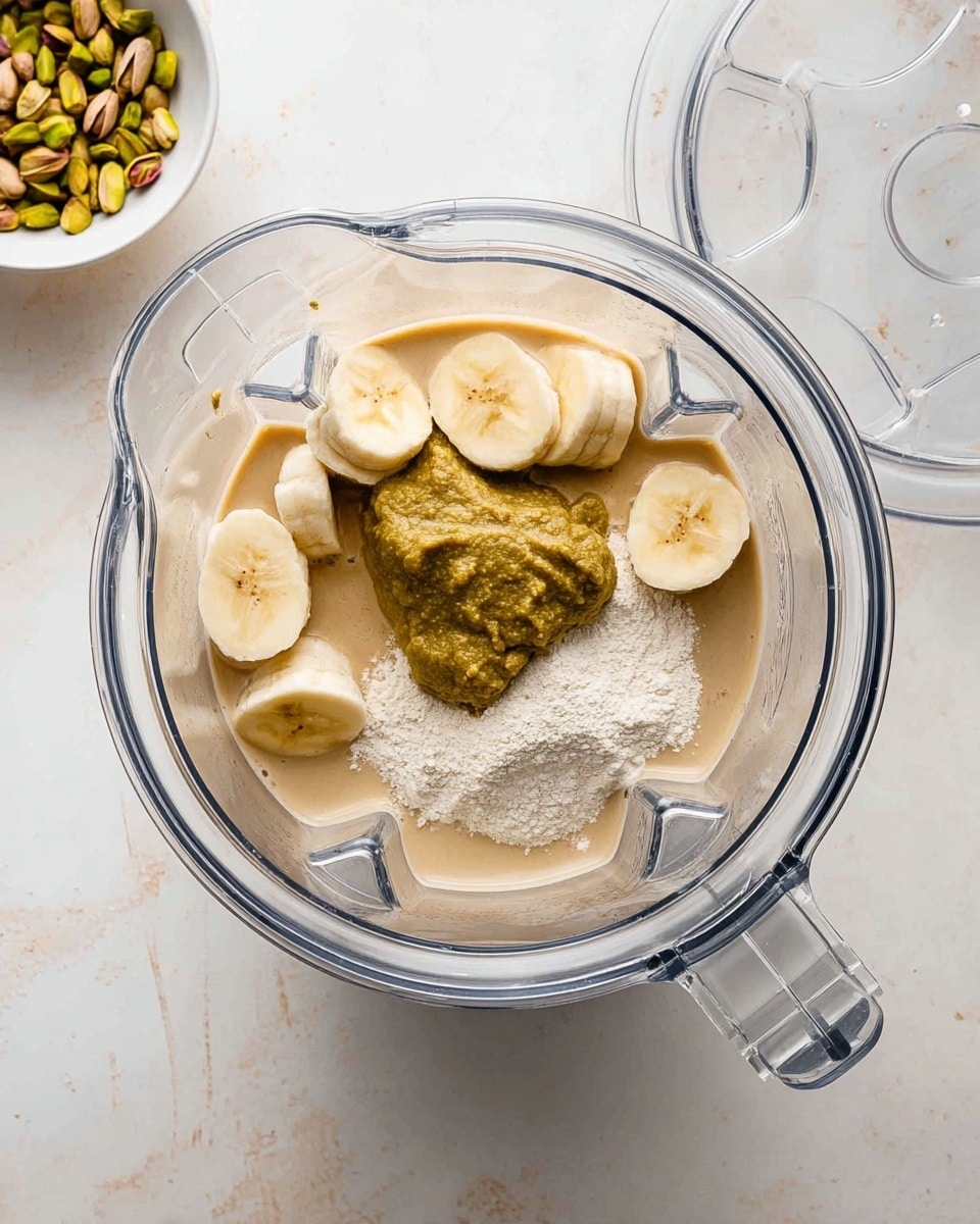 A clear blender jar sits on a white marbled surface, filled with several layers of ingredients: the base layer is a light beige liquid, topped with several round slices of banana in soft yellow with some brown edges placed evenly around the jar, a pile of fine white powder spread over the bananas and liquid, and a dollop of thick greenish-brown paste sitting on top in the center. To the top left of the blender, a small white bowl filled with greenish nuts is partially visible, and to the top right, the clear lid of the blender is placed nearby. Photo taken with an iphone --ar 4:5 --v 7