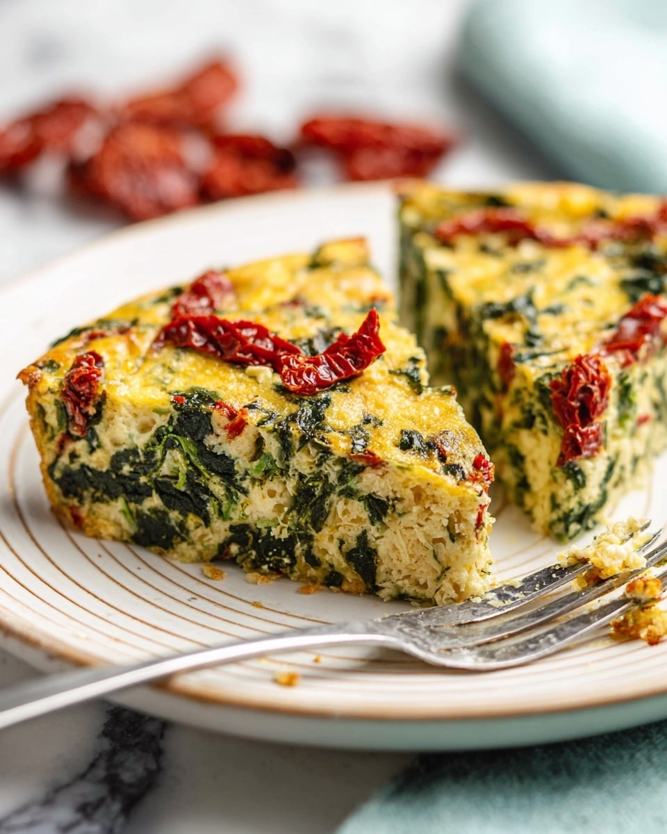 A close-up of two triangular slices of a baked egg dish on a white plate with a textured edge, resting on a white marbled surface. The dish has a thick base layer filled with chopped green spinach and light beige bits, topped with a golden-yellow cooked egg layer mixed with wilted green spinach and scattered bright red sun-dried tomato pieces. A silver fork lies next to the front slice, with some crumbs on the plate. In the blurred background, more sun-dried tomatoes are visible. Photo taken with an iphone --ar 4:5 --v 7