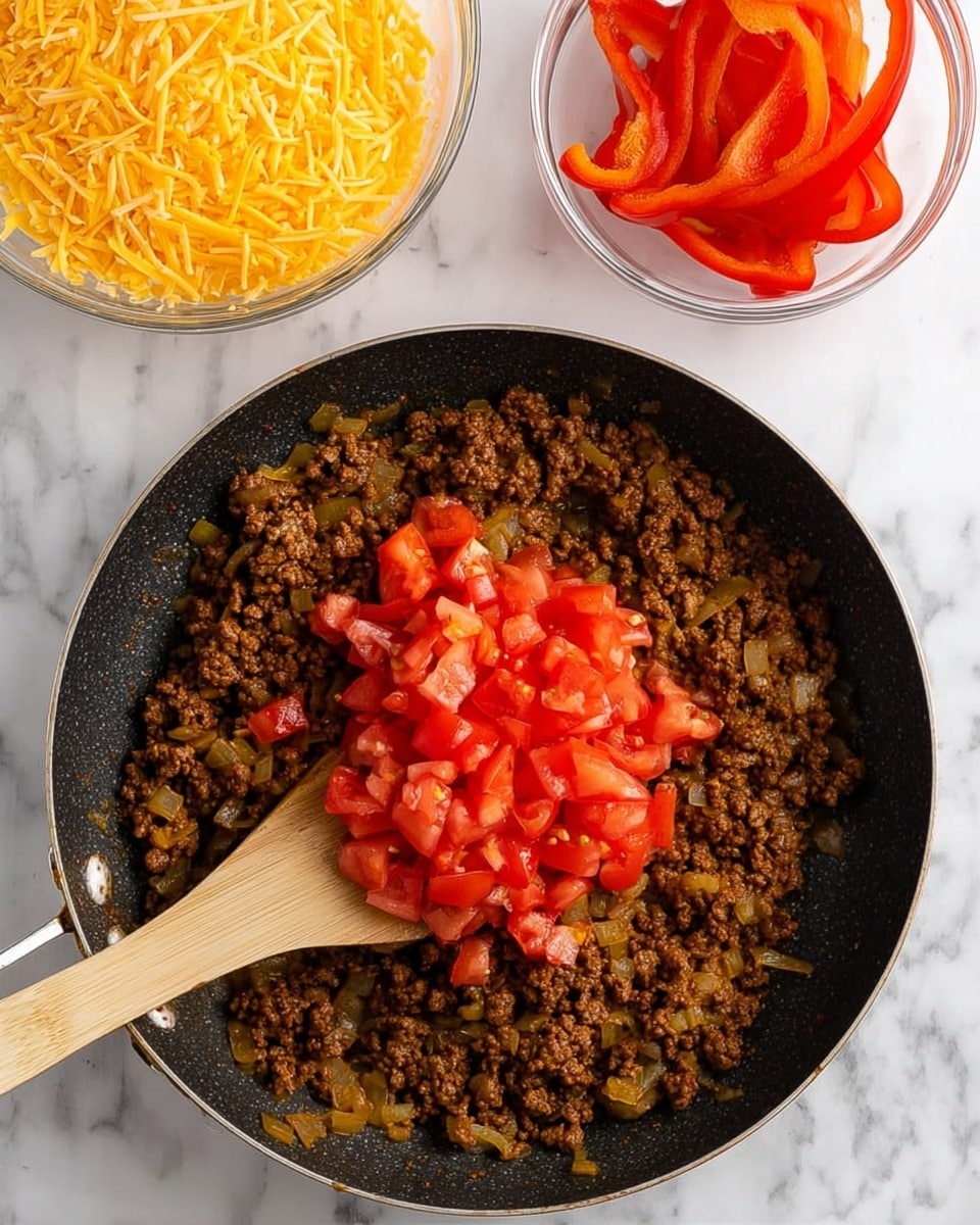 The image shows a close-up view of a black frying pan on a white marbled surface filled with cooked ground meat mixed with chopped onions, with a pile of diced red tomatoes placed in the center on top. A wooden spatula is positioned under the tomatoes, lifting them slightly. Above the pan, there are two clear glass bowls, one filled with shredded yellow cheese, and the other with thinly sliced red bell pepper strips. The colors are warm and vibrant with the rich brown meat, bright red tomatoes, yellow cheese, and red peppers, all set on the white marbled texture background. photo taken with an iphone --ar 4:5 --v 7