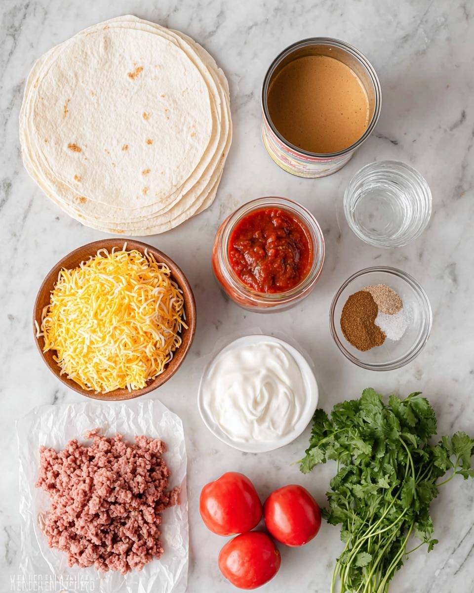 The image shows several ingredients arranged on a white marbled surface. In the top left corner, there are three stacked white tortillas. To the right of the tortillas, there is an open can filled with a light brown sauce. Below the tortillas, there is a wooden bowl full of shredded yellow cheese. Next to the cheese, there is a glass jar with red salsa inside. Below the salsa, there is a pile of raw ground meat resting on white parchment paper. To the right of the meat, there is a white bowl filled with a brown dry spice mix. Above the spice mix is a small clear bowl containing white sour cream. Next to the sour cream is a small glass of water. Two whole red tomatoes are placed side by side near the water. Finally, at the bottom right corner, there is a bunch of fresh green cilantro. The photo taken with an iphone --ar 4:5 --v 7
