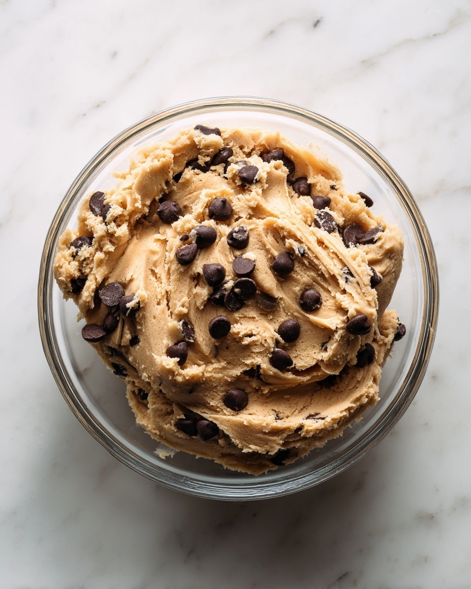 A clear glass bowl filled with light brown cookie dough mixed with many dark brown chocolate chips scattered throughout the dough. The dough is textured and soft with some areas pressed down, creating swirls and peaks. The bowl sits on a white marbled surface with soft natural light casting shadows around it. photo taken with an iphone --ar 4:5 --v 7