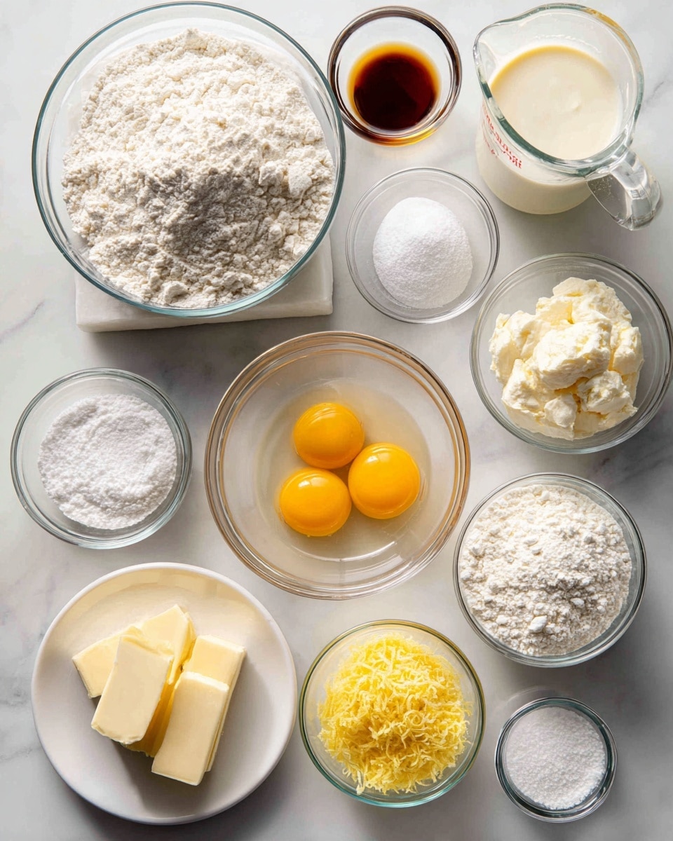 A top view of multiple clear glass and white dishes arranged on a white marbled surface, each holding different ingredients. The largest bowl at the center contains white flour with a powdery texture. Above it, to the right, a clear measuring cup holds light cream-colored buttermilk. Below the flour bowl, a clear bowl holds two bright yellow eggs with runny yolks. To the left of the eggs, a small clear bowl labeled vanilla contains a dark brown liquid, and beside it, a small clear bowl with salt holds white granules. A white plate with a light yellow stick of butter is placed to the lower left. On the right side, a small clear bowl with finely grated lemon zest in bright yellow is near the center. Next to it on the right, a small clear bowl with lemon juice holds a pale yellow liquid. Two other small clear bowls, one with white baking powder and one with baking soda, are placed near the top left. A medium clear bowl of white sugar is near the middle right, completing the ingredient layout. All bowls and plates are neatly spaced and labeled with black text on white blocks. Photo taken with an iphone --ar 4:5 --v 7