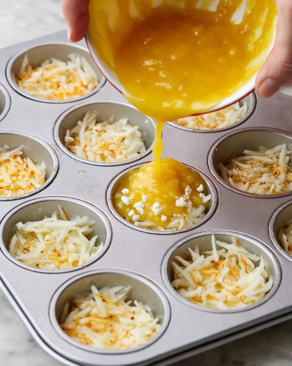 A white metal muffin tray holds several cups with shredded white potatoes at the bottom layer, some edges slightly browned. A woman's hand is pouring a yellow egg mixture with small white soft curds over the potatoes in the cups. The egg mixture looks smooth and glossy as it fills and covers the potato layer. The tray sits on a white marbled textured surface. photo taken with an iphone --ar 4:5 --v 7