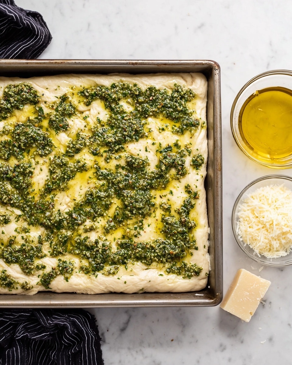 The image shows a rectangular metal baking pan filled with raw dough that is thick and pale off-white in color. On top of the dough, there is a spread of green pesto sauce that has a slightly coarse texture with visible bits of herbs and oil, unevenly covering most of the surface. The pan sits on a white marbled surface. To the right, there is a small clear glass bowl with more pesto sauce, two small chunks of grated cheese, and a small glass of golden yellow oil. A black cloth with white stripes is partially visible on the left side. Photo taken with an iphone --ar 4:5 --v 7