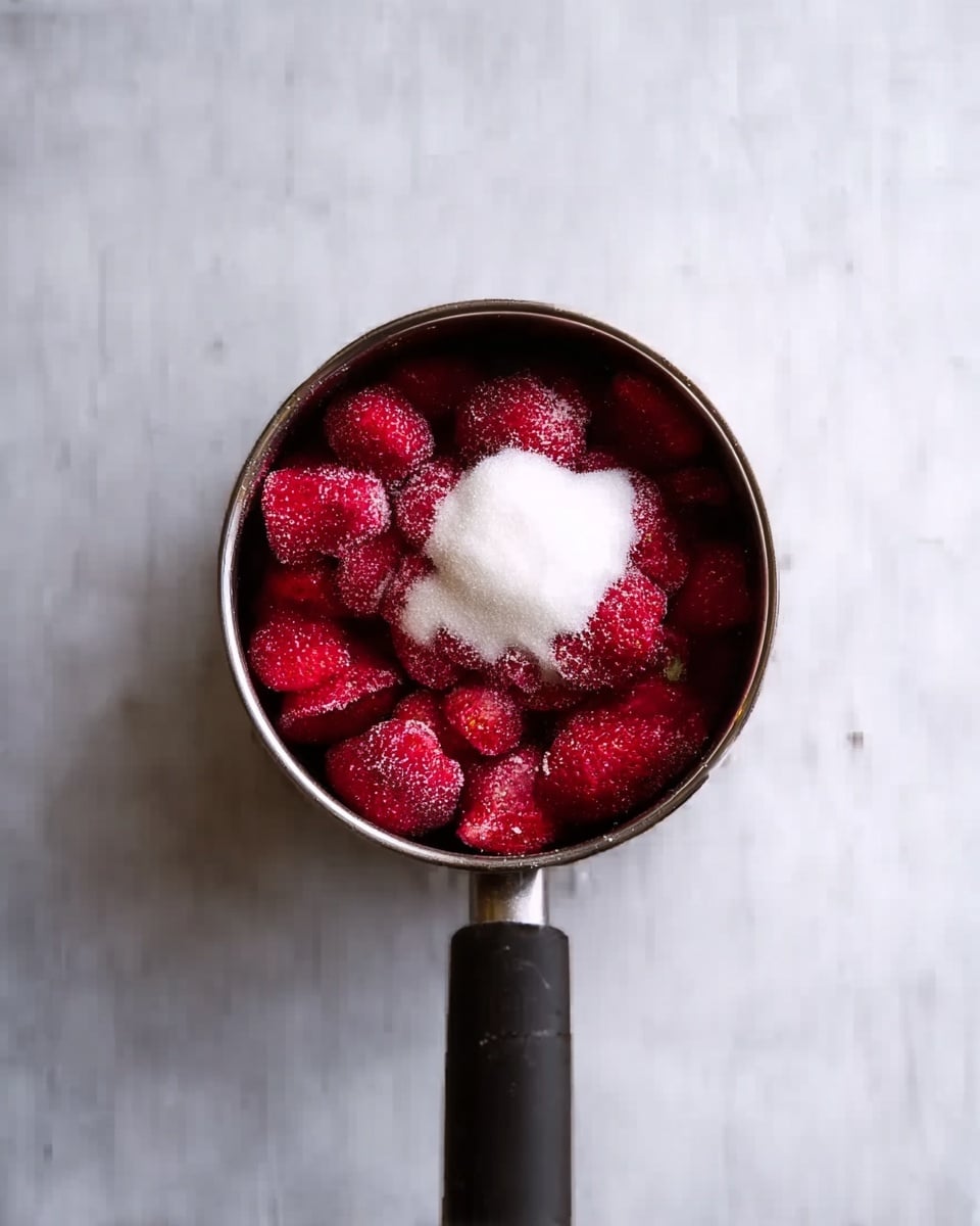 The image shows a metal pot filled with frozen strawberries, bright red and covered with a light layer of frost, sitting on a white marbled surface. On top of the strawberries, there is a heap of white sugar, creating a contrast between the red fruit and the white granules. The pot's black handle extends downwards out of the frame, and the overall scene captures the simple ingredients needed to start cooking or making a dessert. The lighting is soft and natural, highlighting the texture of the frost on the strawberries and the grainy sugar. photo taken with an iphone --ar 4:5 --v 7