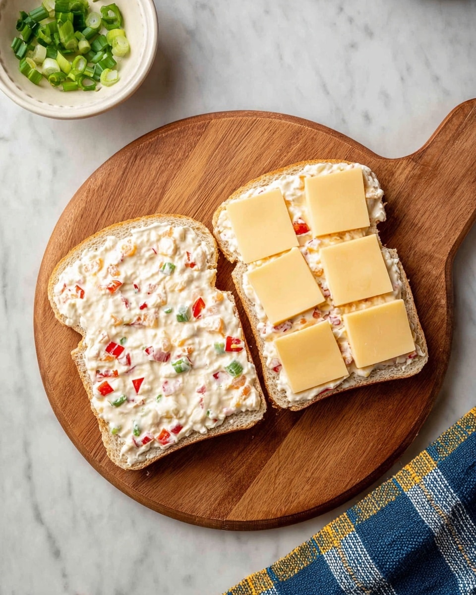 Two open sandwich slices lay side by side on a round wooden cutting board placed on a white marbled surface. Each slice is covered in a thick white cream cheese spread mixed with small red and green vegetable pieces, visible as small colorful bits across the spread. On the right slice, there are six square pale yellow cheese slices arranged evenly on top of the cream cheese layer, while the left slice shows just the cream cheese mixture. In the top left corner, a small white bowl filled with chopped green onions sits slightly out of focus. A blue and white striped cloth with yellow stitching is partially visible on the right side near the cutting board. photo taken with an iphone --ar 4:5 --v 7