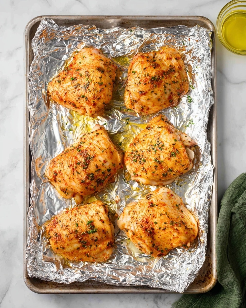 Six pieces of seasoned cooked chicken thighs are arranged in two columns on crinkled silver foil covering a baking tray. The chicken has an orange-brown color with visible herbs and spices. The tray sits on a white marbled surface, with a small glass container holding a yellow liquid near the top right corner and a green cloth partially visible at the bottom right. photo taken with an iphone --ar 4:5 --v 7