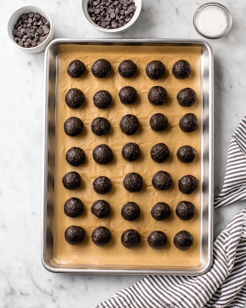 There is a silver baking tray lined with crinkled light brown parchment paper, arranged with six rows of six dark brown round dough balls evenly spaced on the paper. On the top left above the tray, a white bowl holds small dark brown chocolate chips, and to the right of that, a small white bowl contains a white solid ingredient. The whole setup is placed on a white marbled surface with a white and black striped cloth partially visible at the lower right corner. photo taken with an iphone --ar 4:5 --v 7