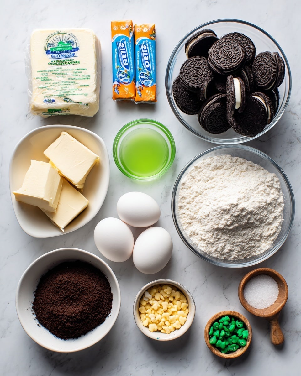 The image shows various baking ingredients arranged neatly on a white marbled surface. At the top left, there is a wrapped block of cream cheese with visible text on its wrapper, and below it, two sticks of butter each in blue and orange wrappers. To the right, a clear bowl filled with dark brown mint Oreo cookies with green cream filling is placed near a small white bowl of light brown sugar. In the center, a green gel food coloring tube is placed vertically between a glass bowl of white powdered sugar on the left and two white eggs in a small white dish on the right. Below these, a glass bowl of white flour sits next to a white bowl filled with dark cocoa powder. Nearby, a small white dish contains a light vanilla liquid, another white bowl holds red heart-shaped sprinkles, and a small wooden bowl contains a pinch of salt. A separate glass bowl filled with white sugar is near the eggs. The overall layout is clean and organized, with a focus on the varying textures and colors of the ingredients. photo taken with an iphone --ar 4:5 --v 7