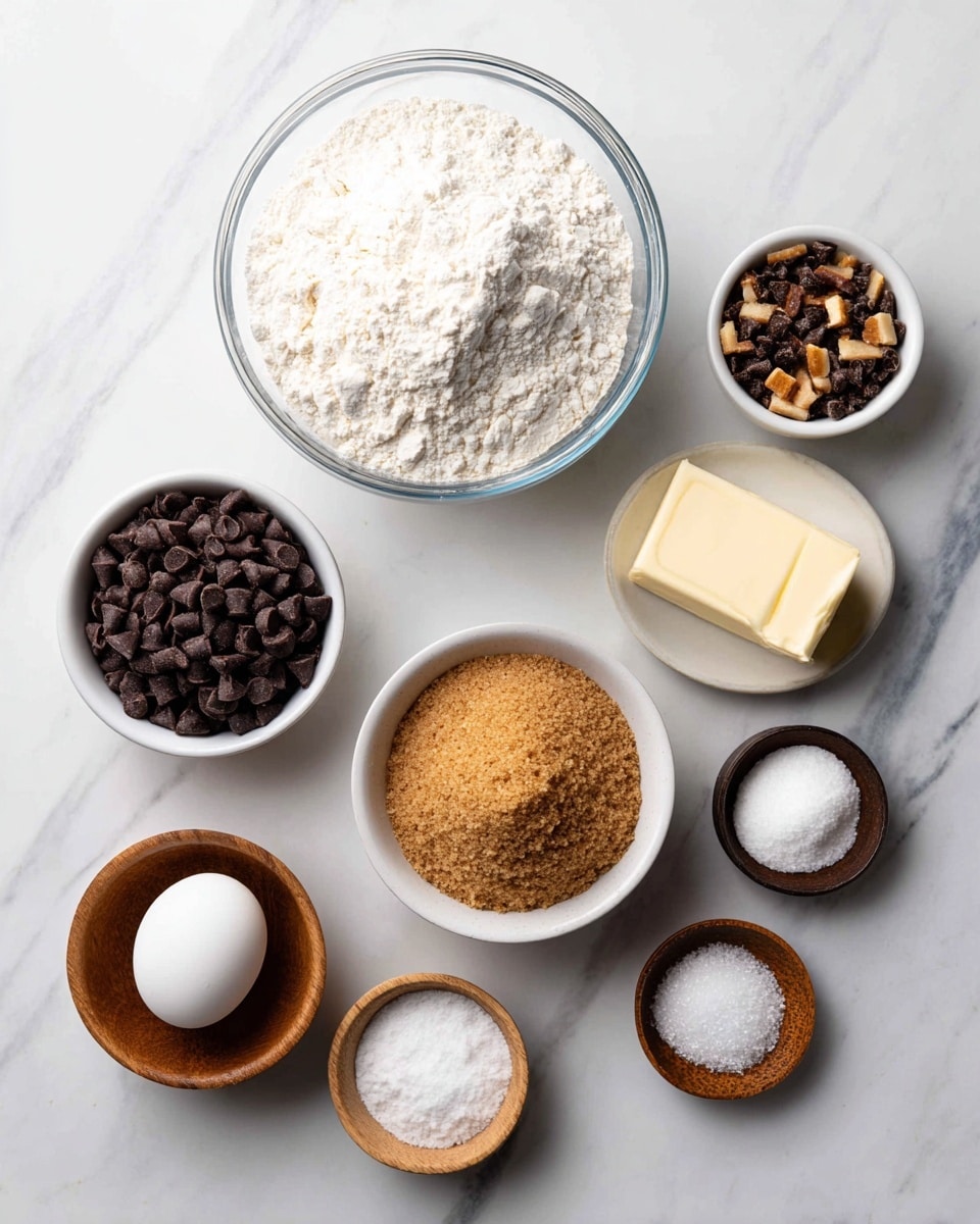 The image shows several small white bowls and glass bowls arranged neatly on a white marbled surface. At the top center is a glass bowl filled with white flour, followed by a small white bowl on the right with small brown and dark toffee bits. To the left is another small white bowl filled with dark chocolate chips. Below the flour bowl in the center is a glass bowl with packed brown sugar. To the right of the brown sugar is a stick of butter placed horizontally. Below, there is a small white bowl with vanilla extract on the left, a small wooden bowl with a white egg in the center, and three small wooden bowls containing baking soda, salt, and cornstarch spread from left to right at the bottom. The setup is simple and clean, showing all ingredients clearly. Photo taken with an iphone --ar 4:5 --v 7