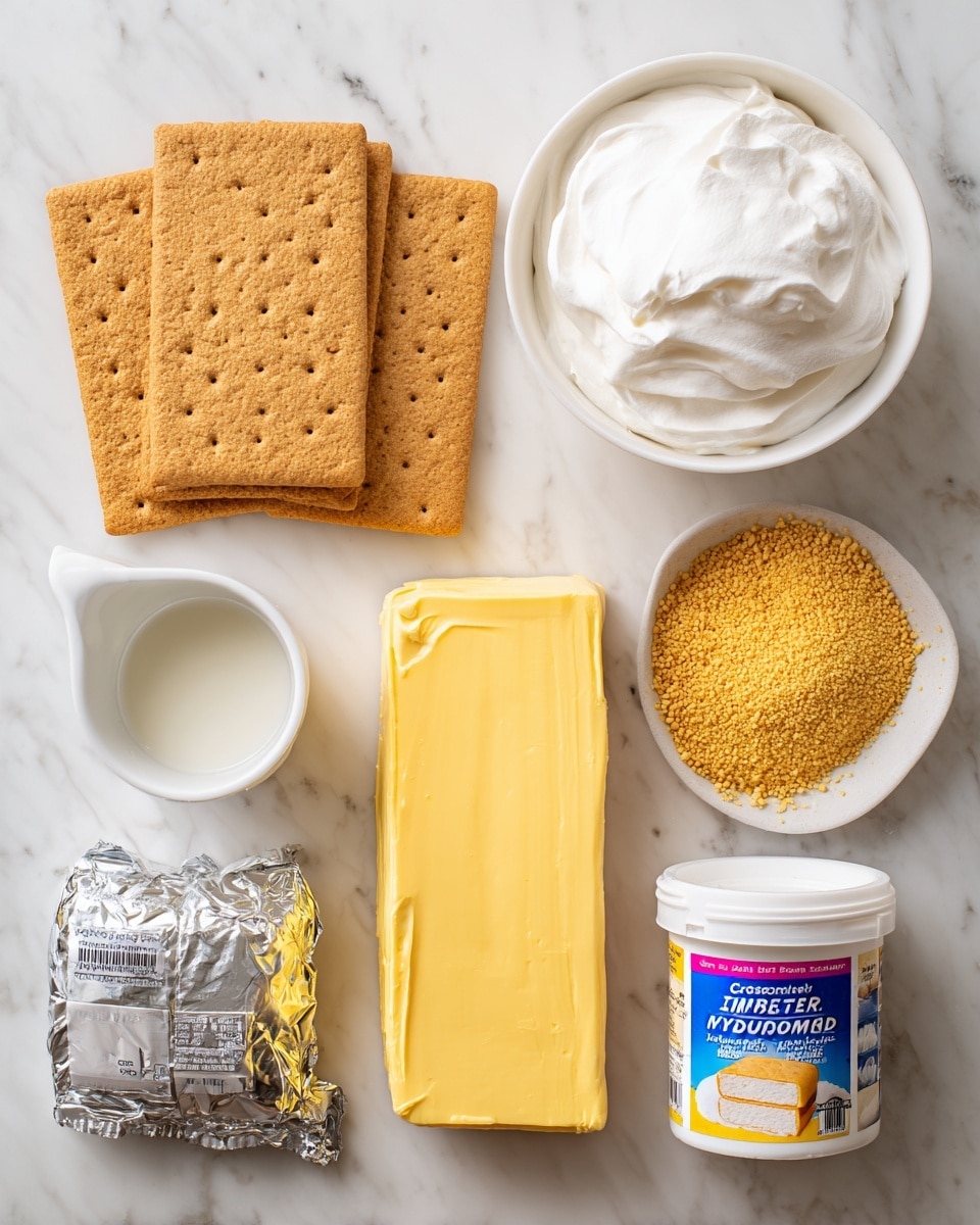 The image shows six ingredients on a white marbled surface arranged in a neat grid. At the top left are two packed rectangular brown graham crackers, next to a white bowl filled with fluffy white whipped topping. Below the crackers is a small white measuring cup with light cream-colored milk, and to its right is an open white cup of marshmallow cream with a smooth, glossy texture. At the bottom left is a silver-wrapped block of cream cheese, and next to it is an opened brown packet with light yellow instant lemon pudding powder spilling out slightly. photo taken with an iphone --ar 4:5 --v 7