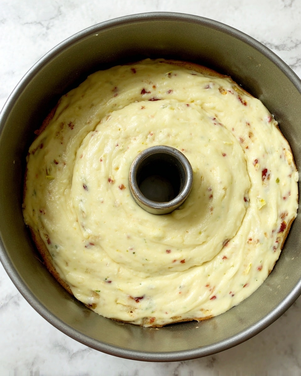 A metal bundt cake pan filled with a pale yellow batter that has a smooth, creamy texture and small specks of red and brown throughout, spread evenly inside the pan's round shape with a hole in the center, resting on a white marbled surface photo taken with an iphone --ar 4:5 --v 7