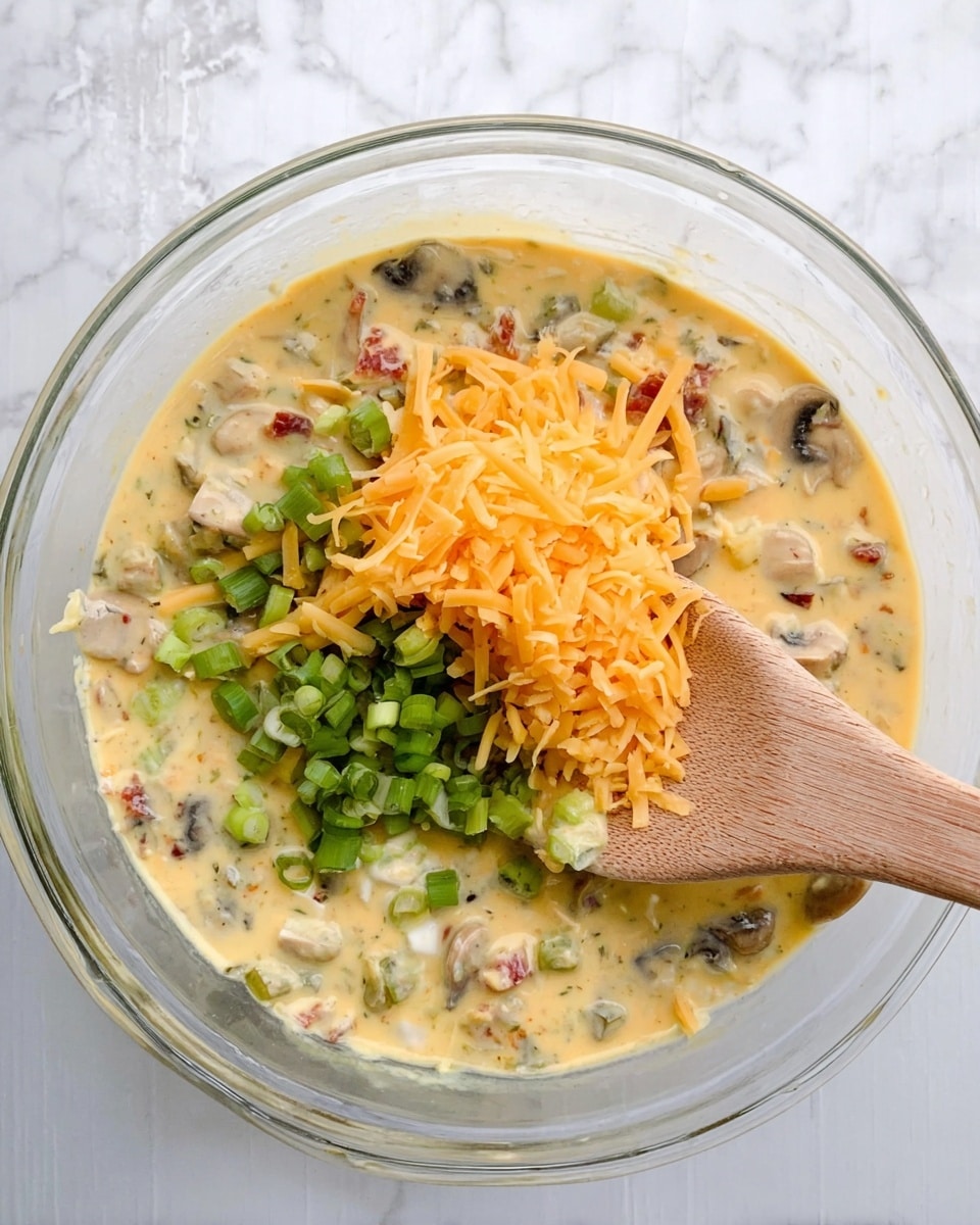 A clear glass bowl with a creamy yellow mixture containing bits of brown mushrooms and red pieces is shown from above. On top of the mixture, there is a small pile of shredded orange cheese and a heap of chopped light to dark green onions layered above the cheese. A wooden spoon with a smooth texture is placed in the bowl, partially submerged in the mixture. The bowl rests on a white marbled surface. photo taken with an iphone --ar 4:5 --v 7