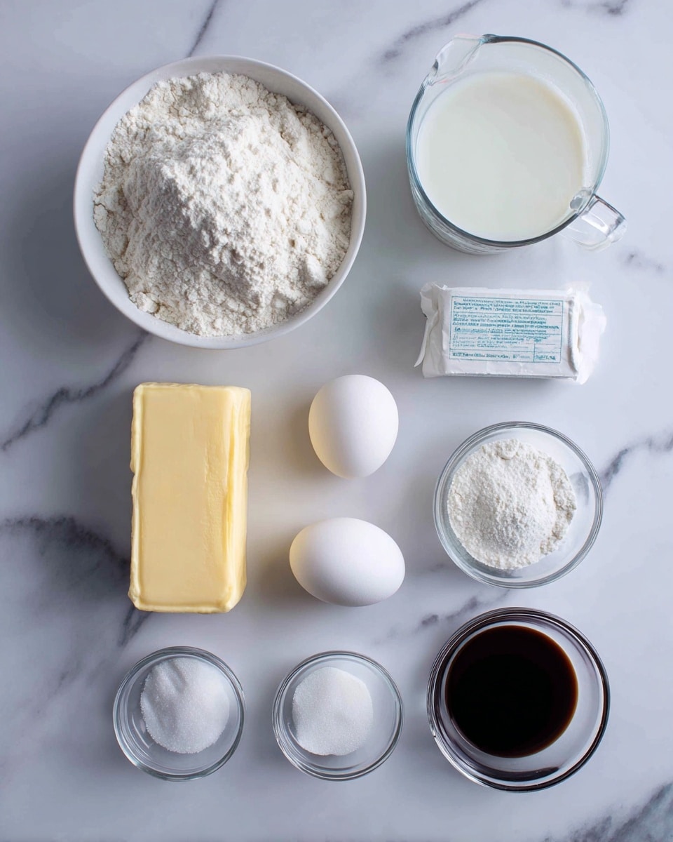 A top-down view shows baking ingredients arranged on a white marbled surface. On the left is a white bowl filled with white flour. Above it sits a clear measuring cup filled with white milk. To the right of the milk is a small clear bowl with white baking powder. In the center are two white eggs beside a light yellow block of butter wrapped in paper with blue text. Below the eggs are two small clear bowls, one filled with white sugar and the other with white salt. On the right side is a small clear bowl holding dark brown vanilla liquid. Each ingredient is labeled with bold black text on white blocks placed directly on or near them. The whole setup is bright and clean. photo taken with an iphone --ar 4:5 --v 7