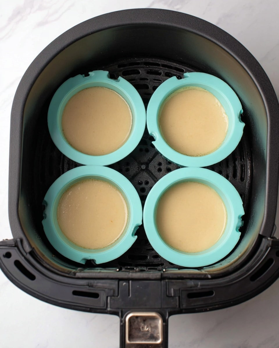 Inside a black air fryer basket with a textured bottom, there are four light blue round silicone molds connected in a clover shape. Each silicone mold is filled with smooth, pale beige batter that reaches nearly to the top edge. The air fryer basket has ventilation holes in the center and a metal latch at the front. The background shows a white marbled surface. photo taken with an iphone --ar 4:5 --v 7