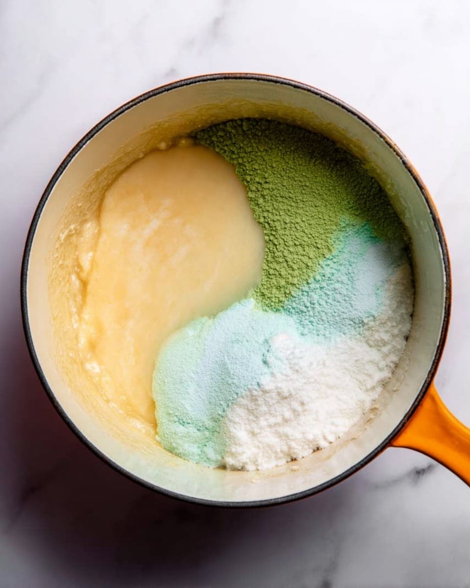 The image shows a white pot with an orange handle, placed on a white marbled surface. Inside the pot, there are four distinct layers of ingredients that are unmixed. The first layer is a light yellow, smooth and thick texture on the left side. The second layer is a bright green powdery substance next to the yellow. The third layer is a light blue powdery substance positioned on the top right side of the pot. The last layer is a white powdery ingredient at the bottom right, next to the blue and near the yellow. The layers form a yin-yang-like pattern inside the pot. Photo taken with an iphone --ar 4:5 --v 7
