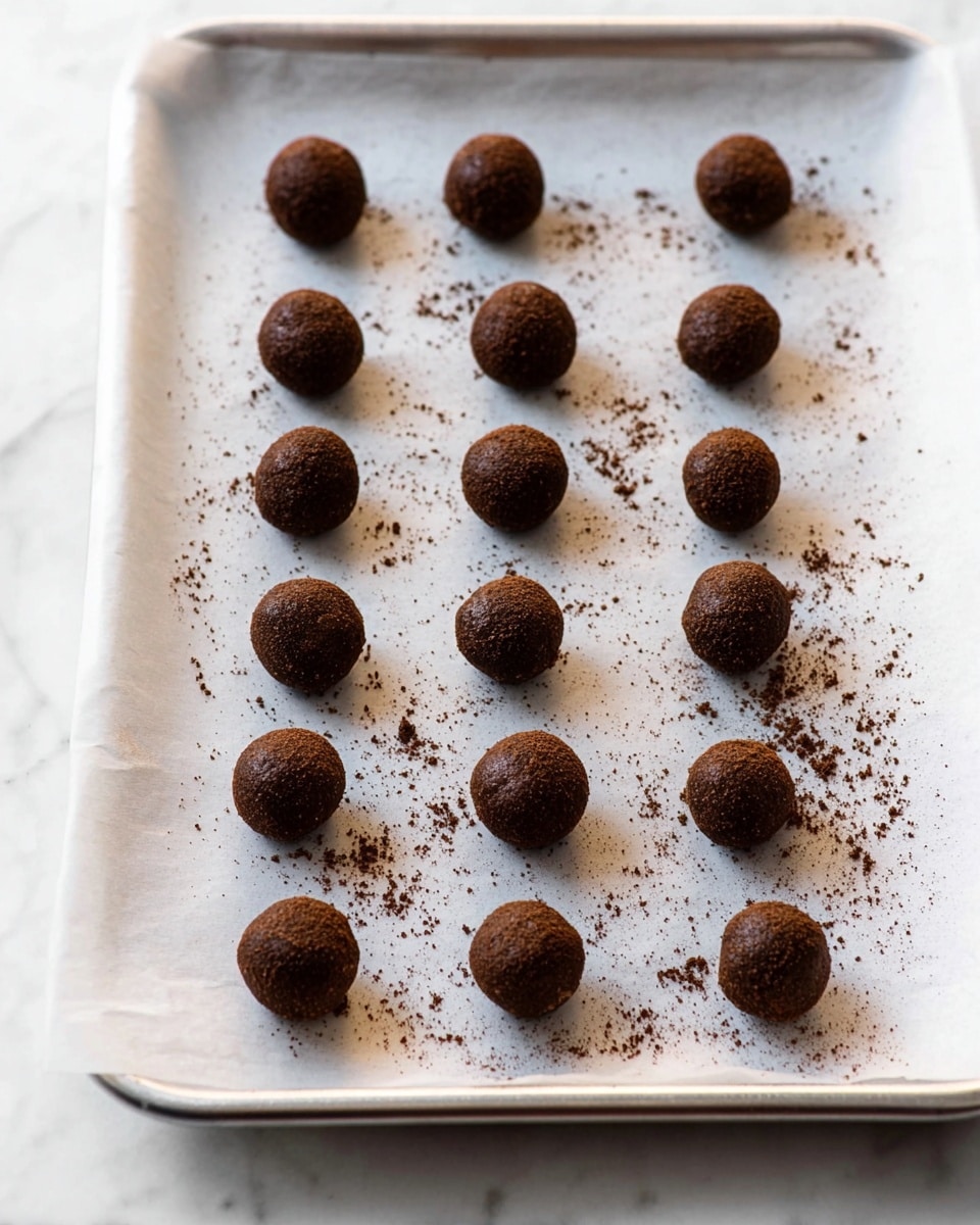 The image shows about twenty small, round chocolate balls placed in a loose grid on a lined baking tray. Each ball is dark brown and has a rough, slightly cracked texture. The balls are spaced evenly, with some crumbs scattered around them on the white parchment paper lining the tray. The tray rests on a white marbled surface. The overall look is simple and focused on the chocolate balls ready for baking or set aside photo taken with an iphone --ar 4:5 --v 7