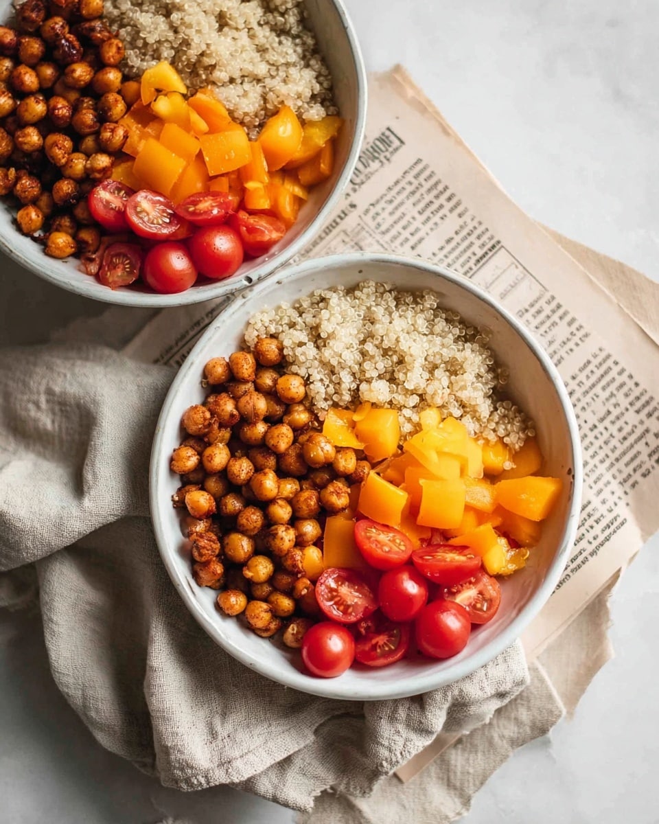 Two white bowls each hold four neatly separated layers: cooked quinoa with a light beige, grainy texture takes up about a quarter of the bowl, next to a warm brown layer of crispy chickpeas, followed by bright orange diced bell peppers, and shiny red cherry tomato halves. The bowls sit partially on folded beige cloth and layered old newspapers, all placed on a white marbled surface. The scene is softly lit, showing the fresh and wholesome ingredients with clear color contrast. Photo taken with an iphone --ar 4:5 --v 7