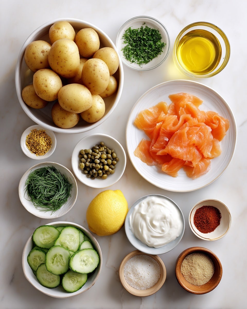 The image shows many ingredients arranged neatly on a white marbled surface. In the center, a large white bowl holds ten smooth light brown Yukon gold potatoes. To the right, a white plate contains thin, wavy slices of light orange smoked salmon. Below the salmon, a small white bowl holds bright green capers, and next to it is a clear glass bowl with soft, white sour cream. At the bottom left, sliced cucumbers with dark green edges and pale centers fill a white bowl. Beside the cucumbers are a halved lemon and a bowl of thick Greek yogurt with a smooth, creamy texture. Above the potatoes, a small white bowl is filled with chopped bright green dill, and next to it is another white bowl of finely chopped green chives. A small white bowl holds an everything bagel seasoning blend with mixed colors of white, black, and tan. Nearby, a tiny brown bowl contains bright yellow lemon zest, and close by is a small glass jar of golden olive oil. At the top right, another small white bowl holds deep red paprika powder, and below it is a wooden bowl with coarse black pepper. A wooden bowl of white salt completes the arrangement. The photo is taken with an iphone --ar 4:5 --v 7
