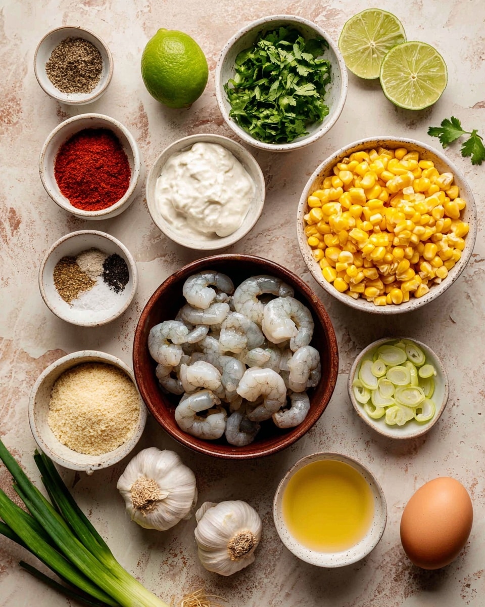 The image shows several small bowls and items on a brown textured surface with a white marbled background. In the center right is a brown bowl filled with raw shrimp that are light grayish-white with a smooth texture. Above it to the right is a white bowl full of bright yellow corn kernels. Next to that is a small white bowl with smooth, white sour cream. On the top center-left is a white bowl filled with fresh, chopped cilantro, deep green in color with leafy texture. To the left are lime wedges, a whole jalapeño pepper that is dark green and shiny, and small white bowls containing spices: salt (white), black pepper, red chili powder, and light brown cumin. Below them sits a white bowl with light green lime zest. To the bottom center is a white bowl filled with fine, beige breadcrumbs. Nearby is a small white bowl with light yellow lime juice. Below that is a small white bowl with sliced scallions, showing rings of dark and light green. Near the bottom right are a whole brown egg, a whole garlic bulb with two loose garlic cloves, and some green scallion stalks. The whole scene is neatly arranged and well lit. Photo taken with an iphone --ar 4:5 --v 7