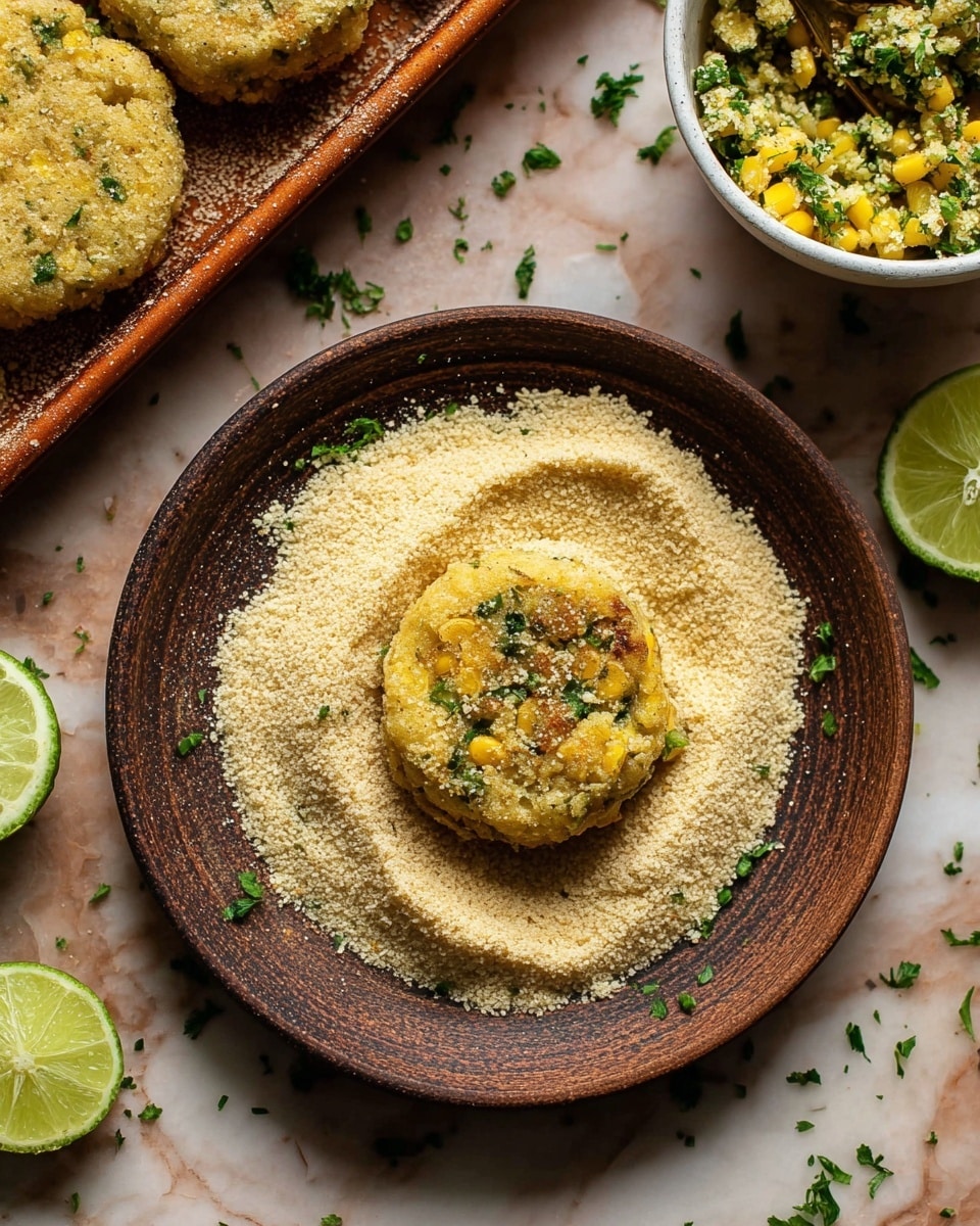 A close-up top view of a deep brown plate filled with fine pale yellow crumbs, with a small round patty placed in the center. The patty has a soft texture with visible pieces of yellow corn and bright green herbs mixed throughout. Around the plate are scattered chopped green herbs and lime wedges, with a portion of a green and yellow mixture in a white bowl partially visible at the top right. The background is a white marbled texture with a reddish-brown baking sheet holding more patties dusted with crumbs at the top left. photo taken with an iphone --ar 4:5 --v 7