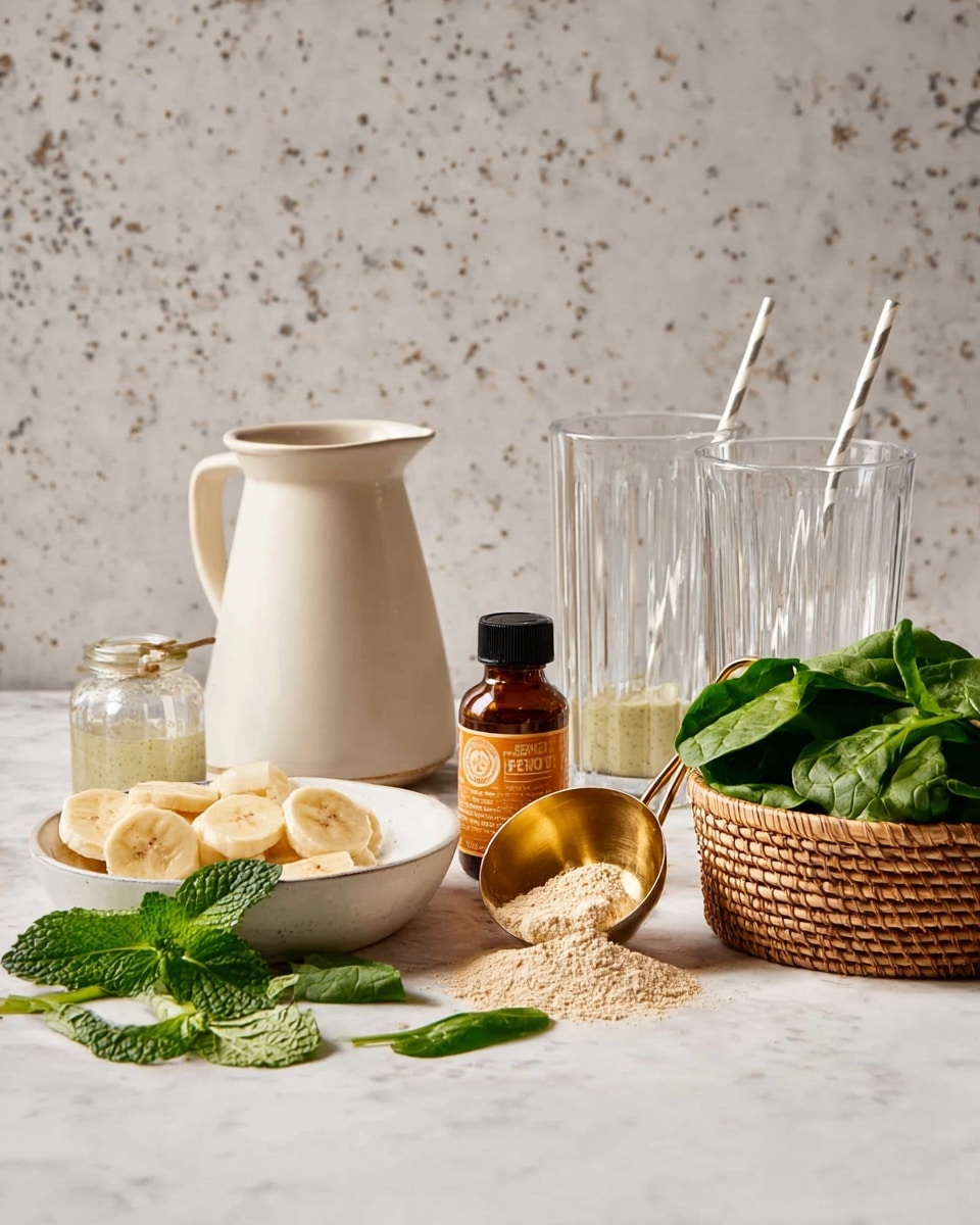 The image shows a collection of smoothie ingredients arranged on a white marbled surface. On the left, there is a white ceramic pitcher filled with a liquid. In front of it, a white bowl holds sliced bananas in light yellow. Next to the bowl, a gold metal measuring cup contains beige powder with some spilled on the surface. A small amber bottle with an orange label stands behind the measuring cup. Fresh green mint leaves lay beside the cup, leading to a small glass bottle in front. To the right, two clear tall glasses with plastic straws stand side by side. In the front right, a round woven basket holds fresh bright green spinach leaves. The background is a neutral light gray speckled surface. photo taken with an iphone --ar 4:5 --v 7