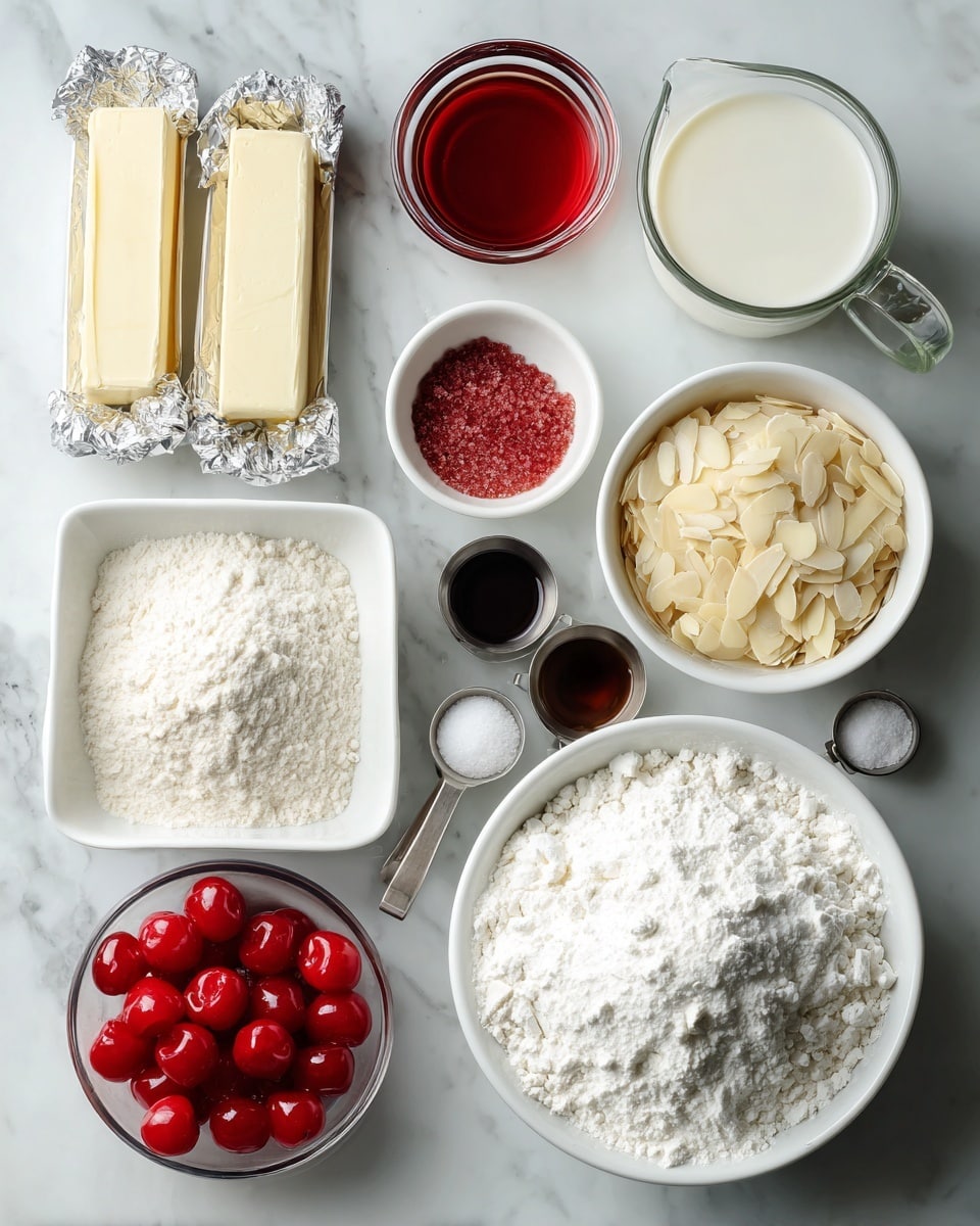 The image shows various baking ingredients arranged neatly on a white marbled surface. In the top left, there are two sticks of butter in silver wrappers. Next to them is a small clear glass bowl filled with bright red maraschino cherry juice. Below that is a small white bowl with coarse red decorating sugar. Near the center, a small white square bowl holds sifted all-purpose flour with a soft, powdery texture. Beside it, a round white bowl is filled with slivered almonds. To the right, a small clear measuring cup contains milk, and above it are two metal measuring spoons holding almond extract and vanilla extract, both dark in color. Another metal measuring spoon with salt sits near the bottom center. On the right side, a large white bowl is heaped with fluffy powdered sugar, and in front of it is a smaller white bowl filled with shiny, bright red maraschino cherries. The overall scene is well-lit and clear, showing the details of each ingredient. Photo taken with an iphone --ar 4:5 --v 7