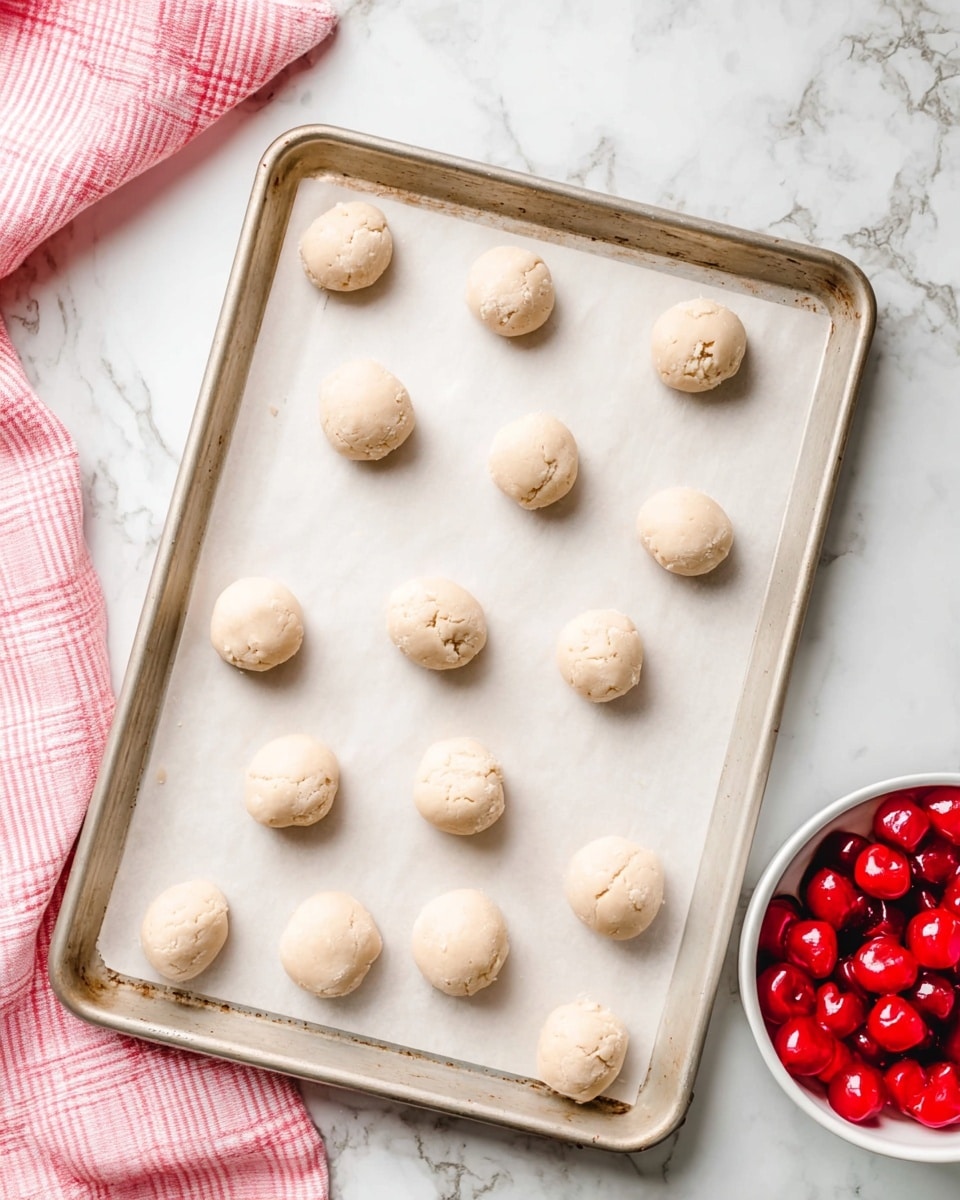The image shows a metal baking tray lined with parchment paper holding 15 small, round, pale dough balls evenly spaced in three loose rows. The dough balls have a slightly cracked, smooth texture. To the right side of the tray, there is a white bowl filled with bright red cherries that look glossy and wet. The scene is set on a white marbled surface with a pink and white checkered cloth partially visible at the left bottom corner, photo taken with an iphone --ar 4:5 --v 7