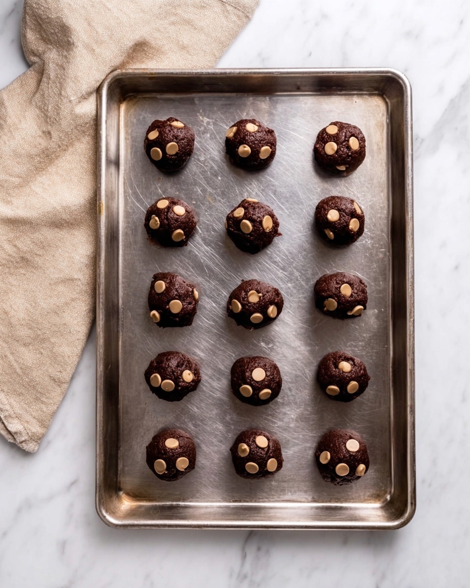 A metal baking tray holds twelve dark brown cookie dough balls arranged in a neat 3 by 4 grid, each cookie scoop dotted with three to five light brown chips on top. The tray sits on a white marbled surface with a beige cloth casually placed to the left side. Light reflects softly off the metal tray, showing slight marks from previous use. photo taken with an iphone --ar 4:5 --v 7