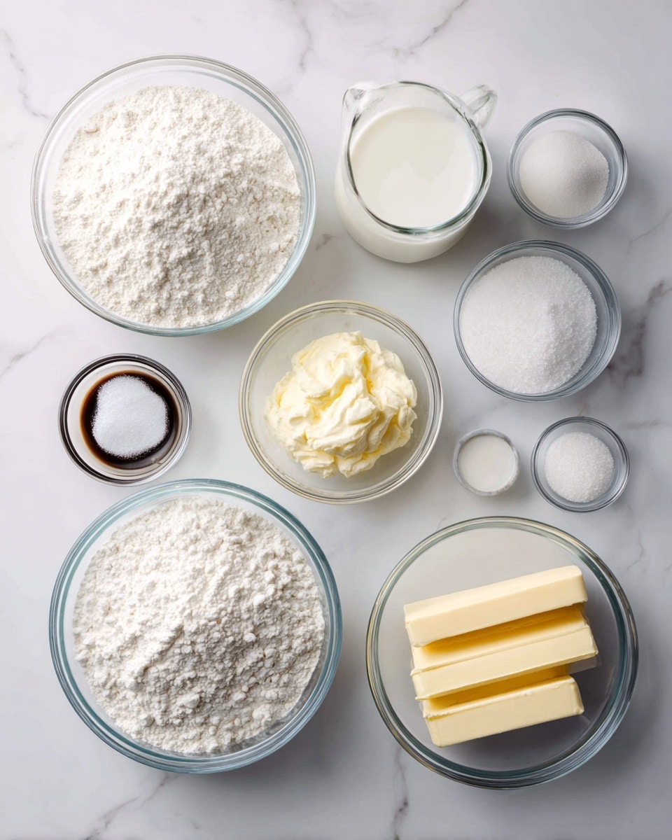 The image shows various baking ingredients on a white marbled surface arranged neatly. There is a large clear glass bowl filled with white flour at the bottom left, and next to it on the right is another large clear glass bowl filled with granular white sugar. Above the flour is a smaller clear bowl with pale yellow egg whites, and above the sugar is a glass measuring cup with white milk. Near the center top are two small clear bowls, one holding white cornstarch and the other containing salt. At the bottom left corner, a tiny clear bowl contains dark brown vanilla extract, while next to it is another small bowl with white baking powder. On the bottom right are two sticks of pale yellow butter placed one on top of another. Each ingredient is labeled with bold black text in white boxes above them. photo taken with an iphone --ar 4:5 --v 7