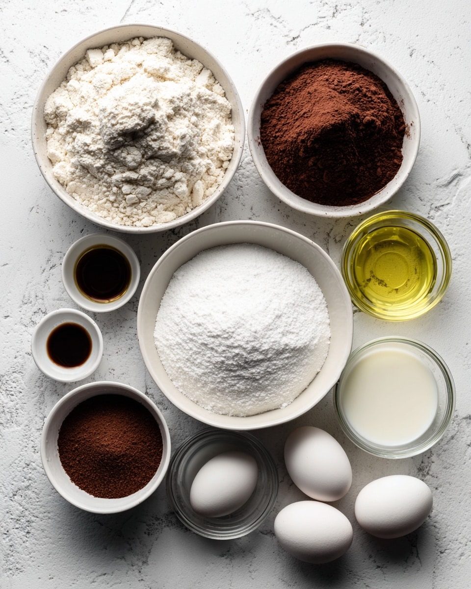 The image shows various baking ingredients arranged on a white marbled surface. There are six white bowls and two clear glass containers, along with three white eggs placed directly on the surface. The ingredients include a large bowl of white gluten-free flour with a rough texture, a medium bowl of dark brown cocoa powder with a powdery texture, and a large bowl of fine white sugar with a smooth surface. A small bowl holds white leavening agents mixed with a small amount of dark brown espresso powder. One small bowl contains dark amber vanilla extract. Two clear glass containers hold light yellow oil and clear hot water, while another glass container holds white dairy-free milk. The labels for each ingredient are placed near each corresponding item. The photo is taken with an iphone --ar 4:5 --v 7
