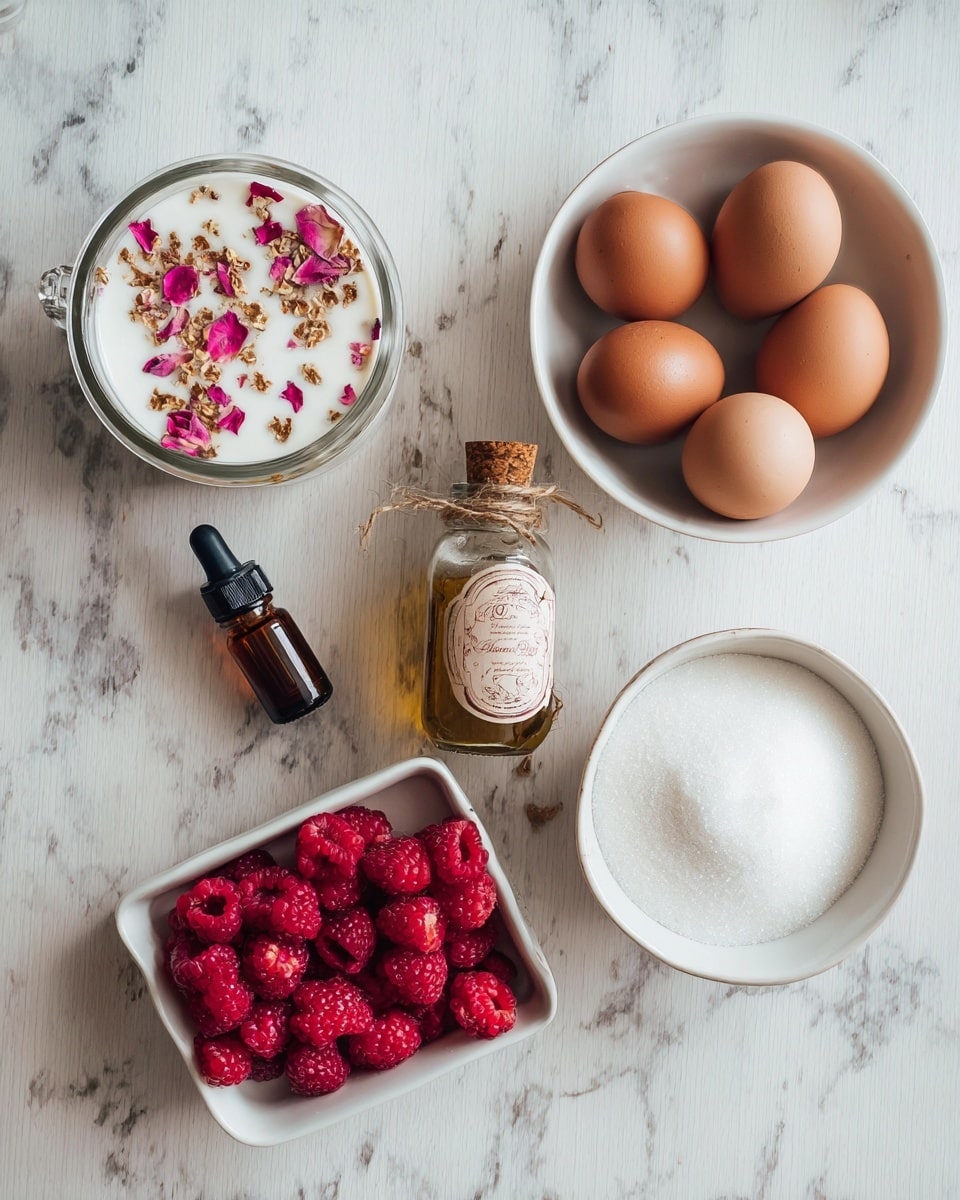 A top-down view of several baking ingredients arranged on a white marbled surface, including a white bowl holding four brown eggs in the upper right, a white bowl filled with white sugar in the lower left, and a small white rectangular dish full of bright red raspberries in the lower right. There are two small glass bottles at the center, one with a cork and a vintage pink label tied with brown string, and the other with a dropper cap, with dark contents inside. In the upper left, a clear glass container filled with white milk topped with pink rose petals and small brown flakes can be seen. photo taken with an iphone --ar 4:5 --v 7