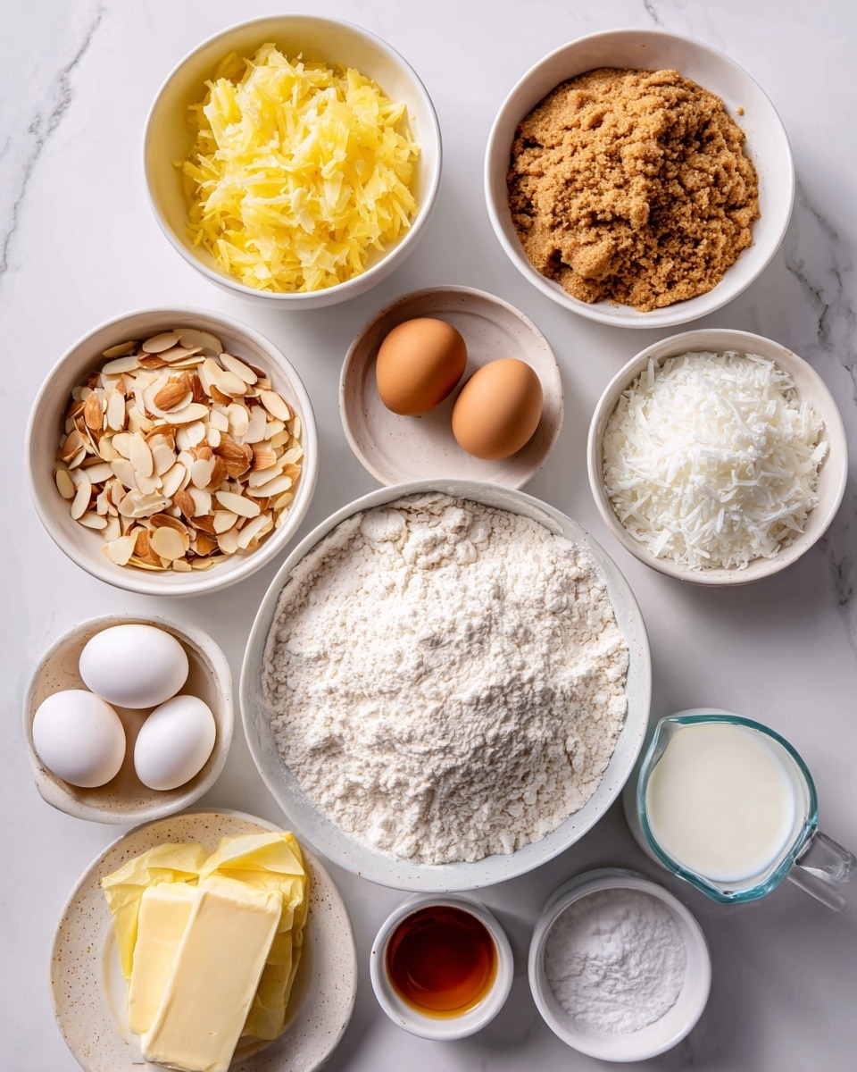 The image shows several small white bowls and plates arranged on a white marbled surface, each filled with different baking ingredients. Starting from the top left, there is one bowl with yellow shredded pineapple, below it a bowl with white shredded coconut, and next to it a bowl with light brown packed brown sugar. To the right at the top, there is another bowl filled with white powdered sugar, and below that a bowl with light tan sliced almonds. In the center bottom-left is a larger white bowl filled with white flour mixed with baking powder, baking soda, and salt. Two white eggs and a stick of salted butter wrapped in yellow paper are placed in front of the flour bowl. To the right of the eggs is a small bowl with amber vanilla and coconut extracts, next is a bowl with white sugar, and lastly, a measuring cup filled with milk sits on the bottom-right. All items are spaced neatly and clearly visible. Photo taken with an iphone --ar 4:5 --v 7